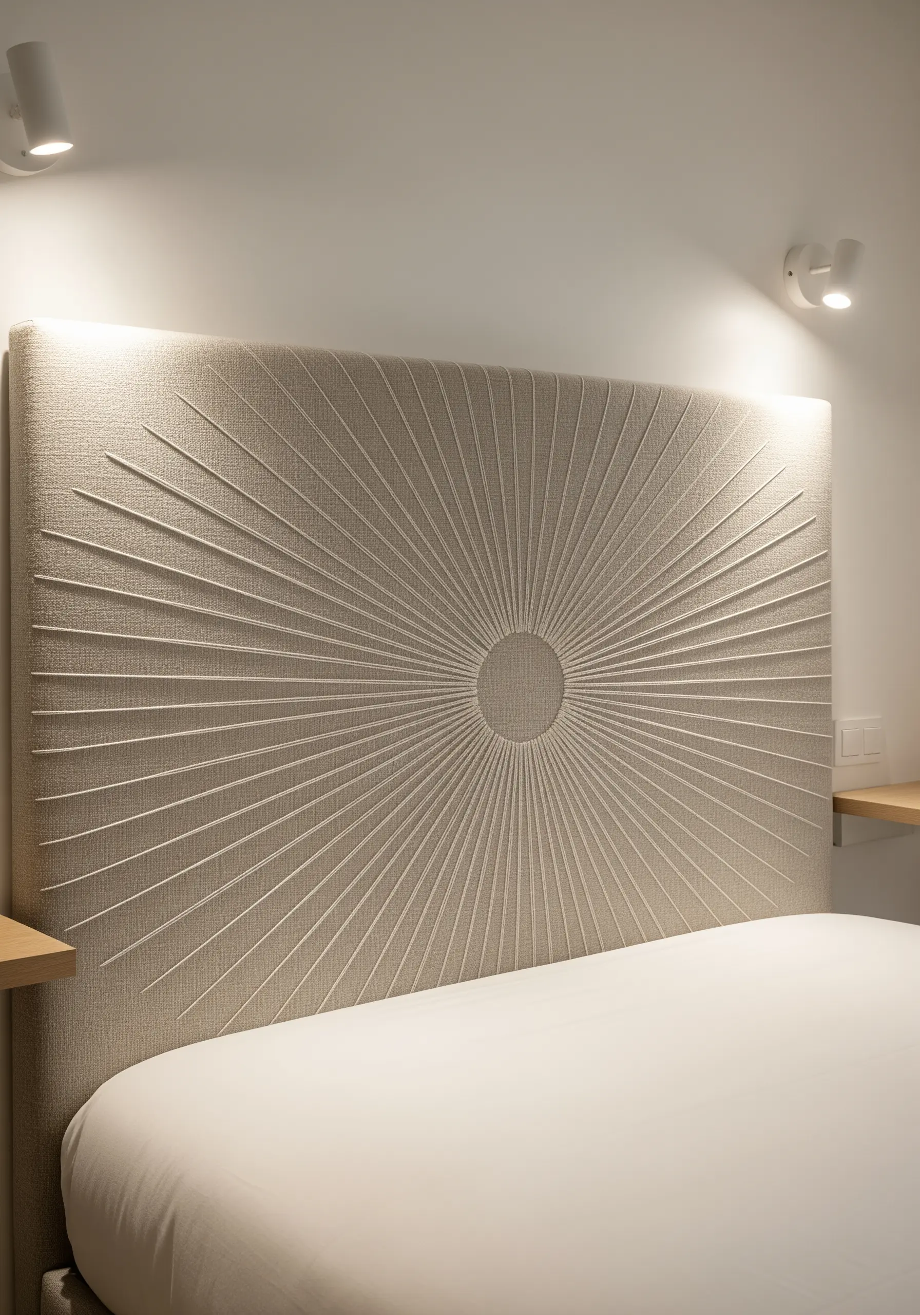 An upholstered headboard with radiating lines creating a sunburst texture.
