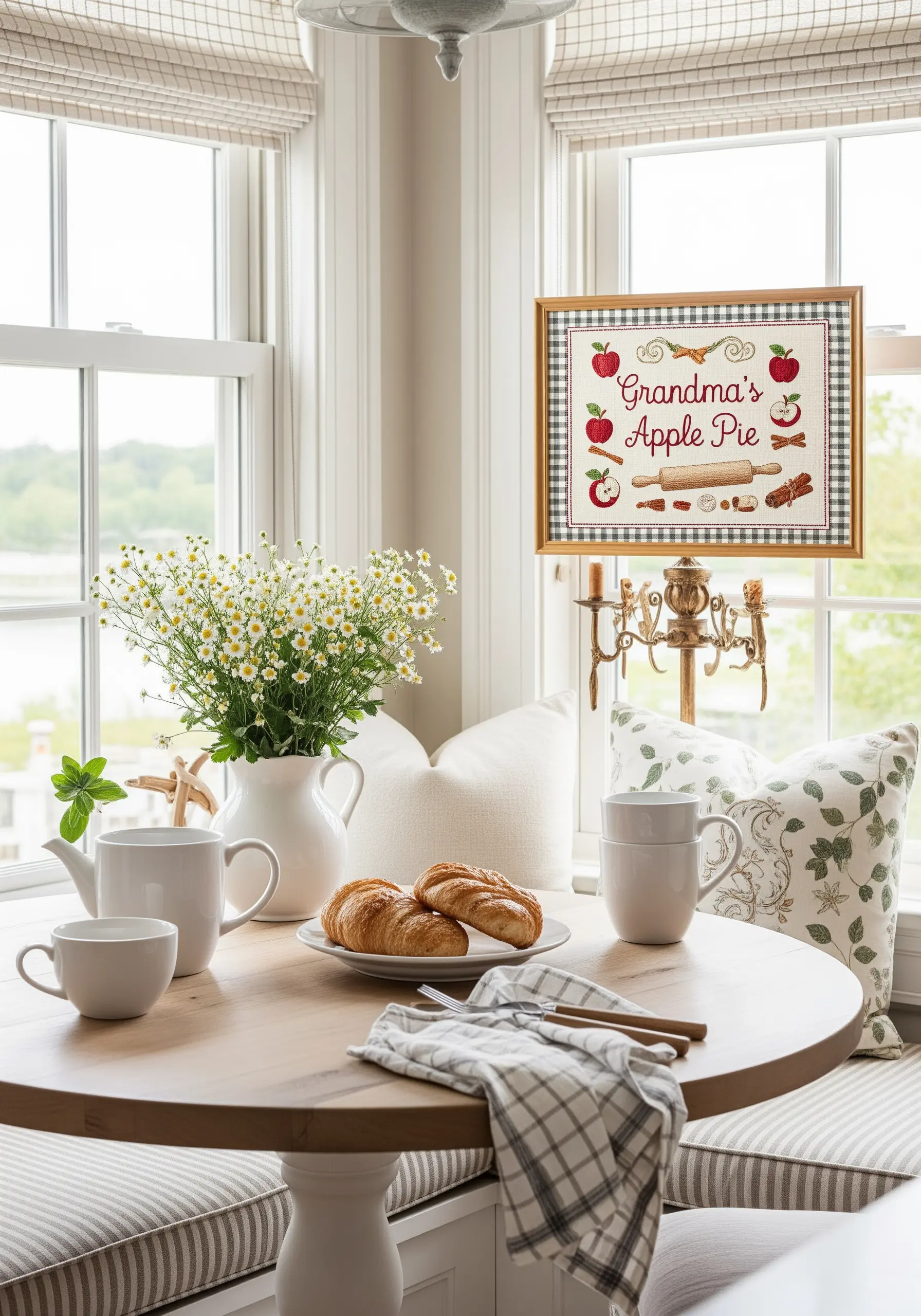 Framed embroidery of a 'Grandma's Apple Pie' recipe with illustrative motifs.