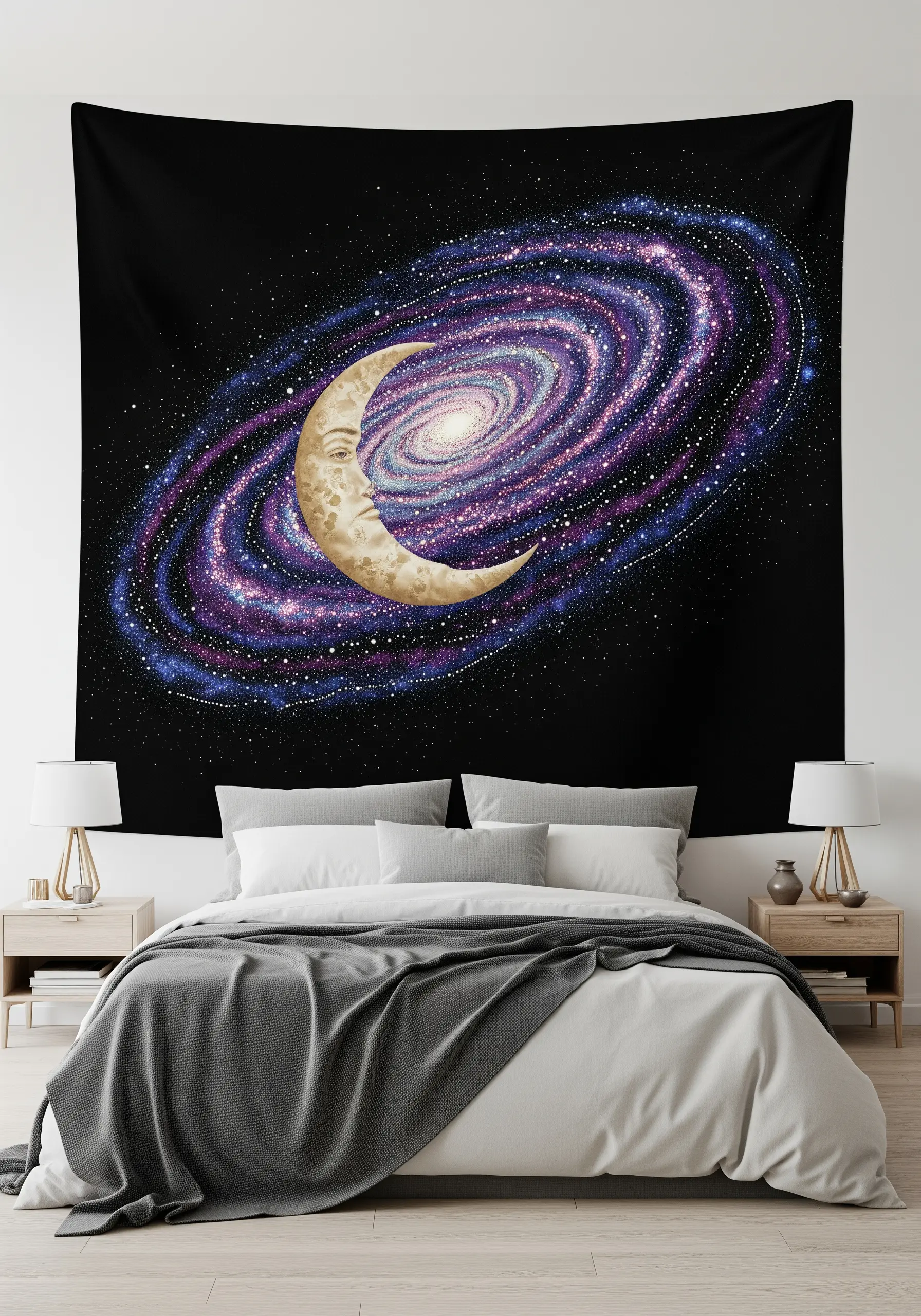 Embroidered galaxy with a crescent moon on a large black fabric wall hanging.