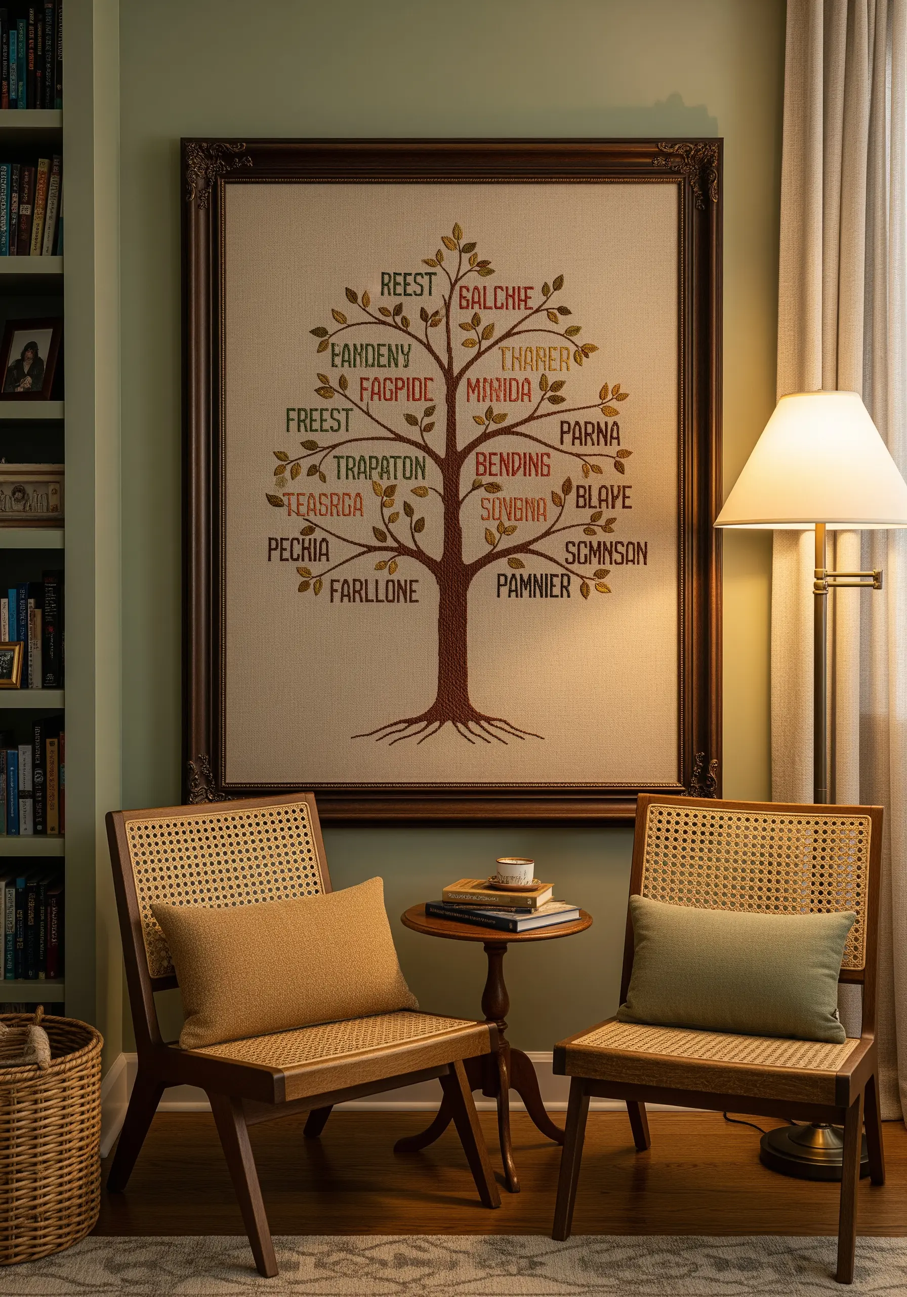 A large, framed family tree with names embroidered on the branches in various colors.
