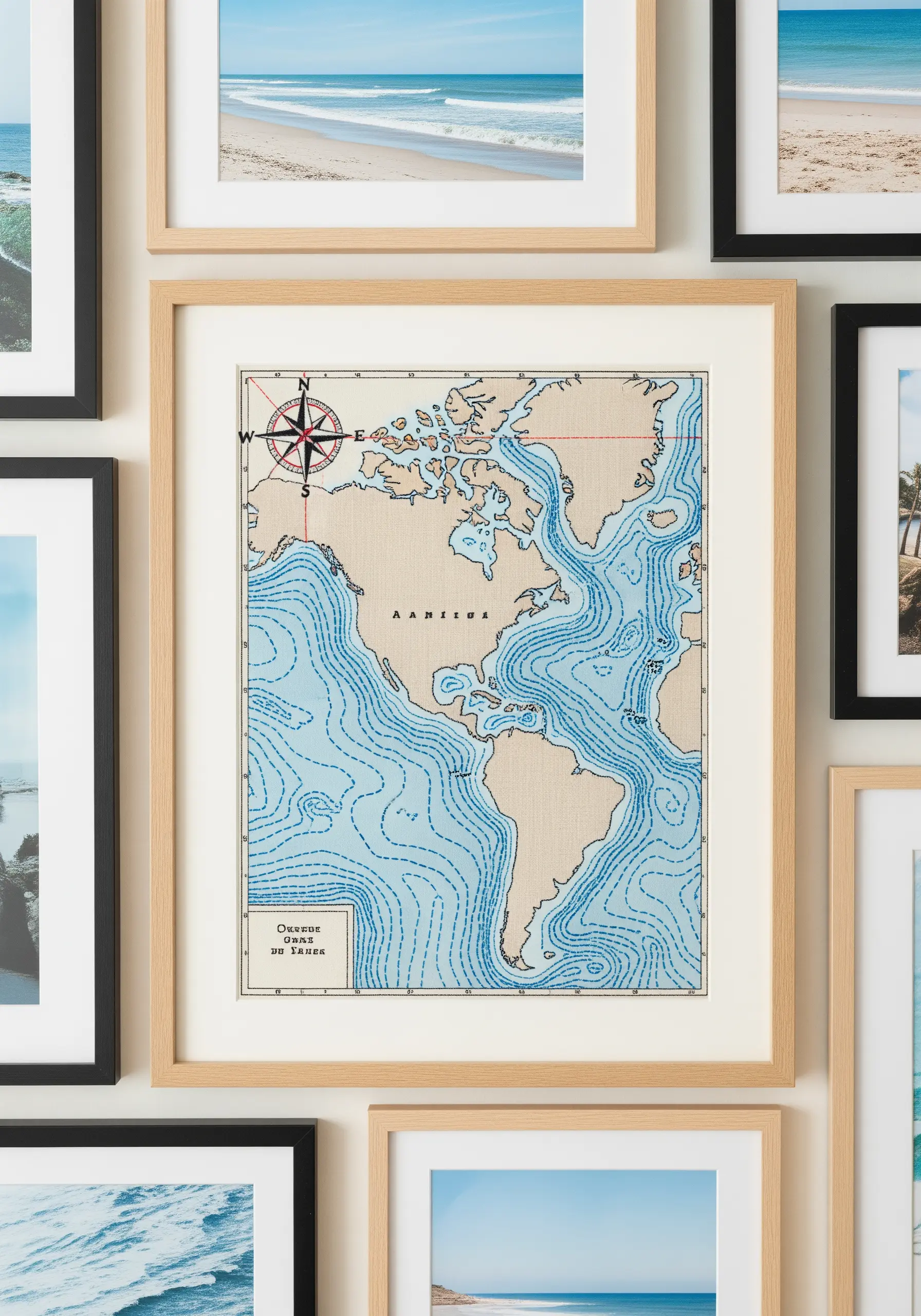 Framed embroidery of a vintage-style nautical map with blue contour lines on beige fabric.