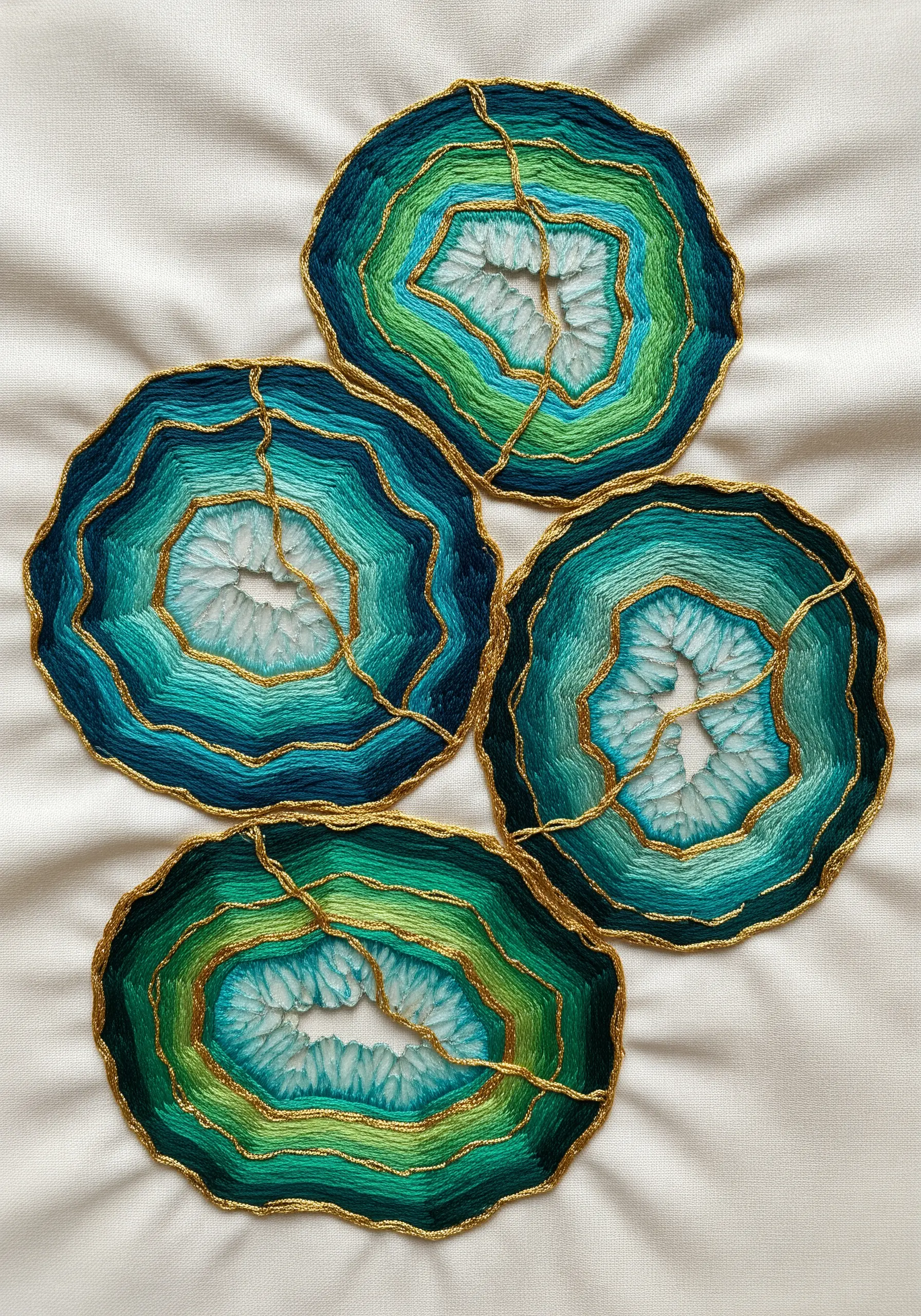 Embroidered agate slices with green gradients, a textured center, and gold metallic veins.