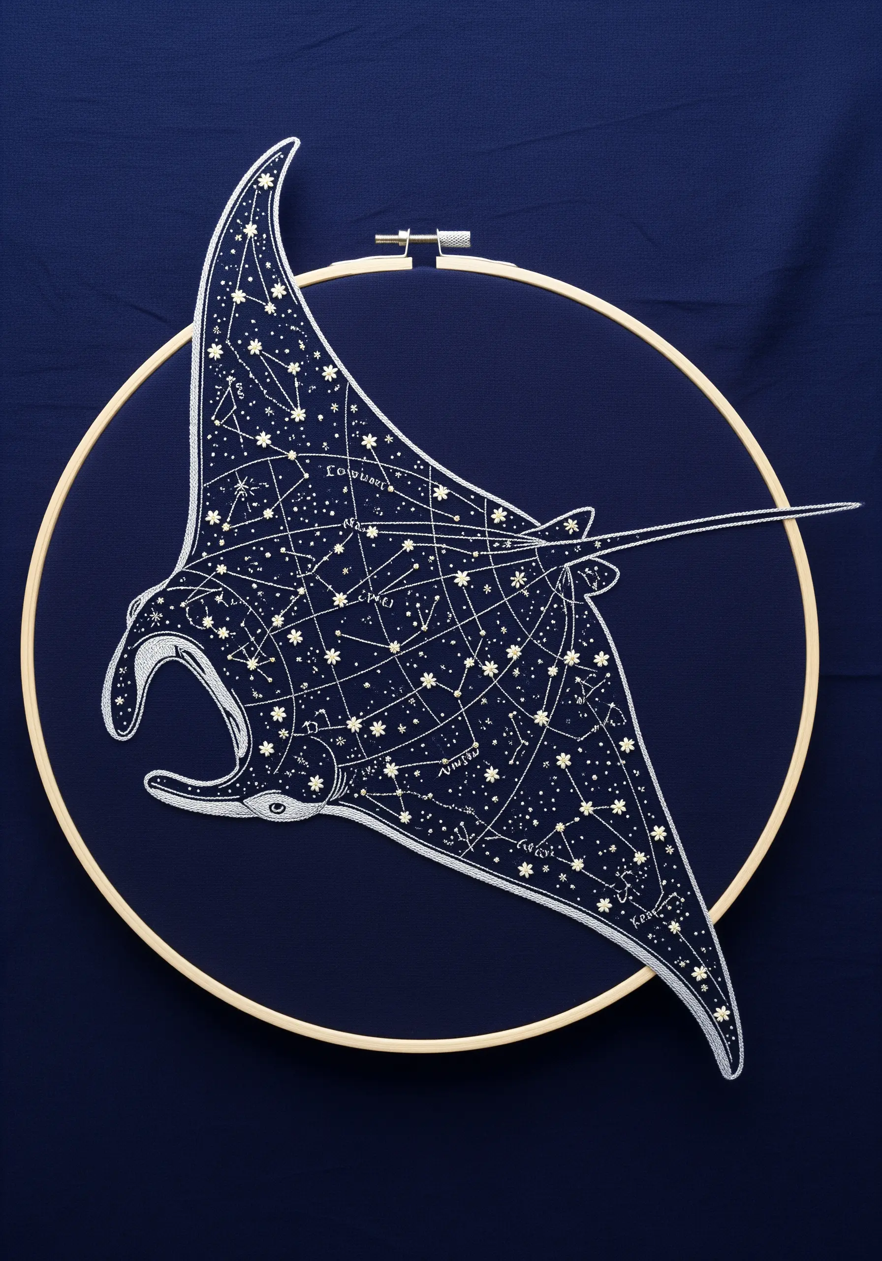 A manta ray silhouette on dark blue fabric, filled with embroidered star constellations.