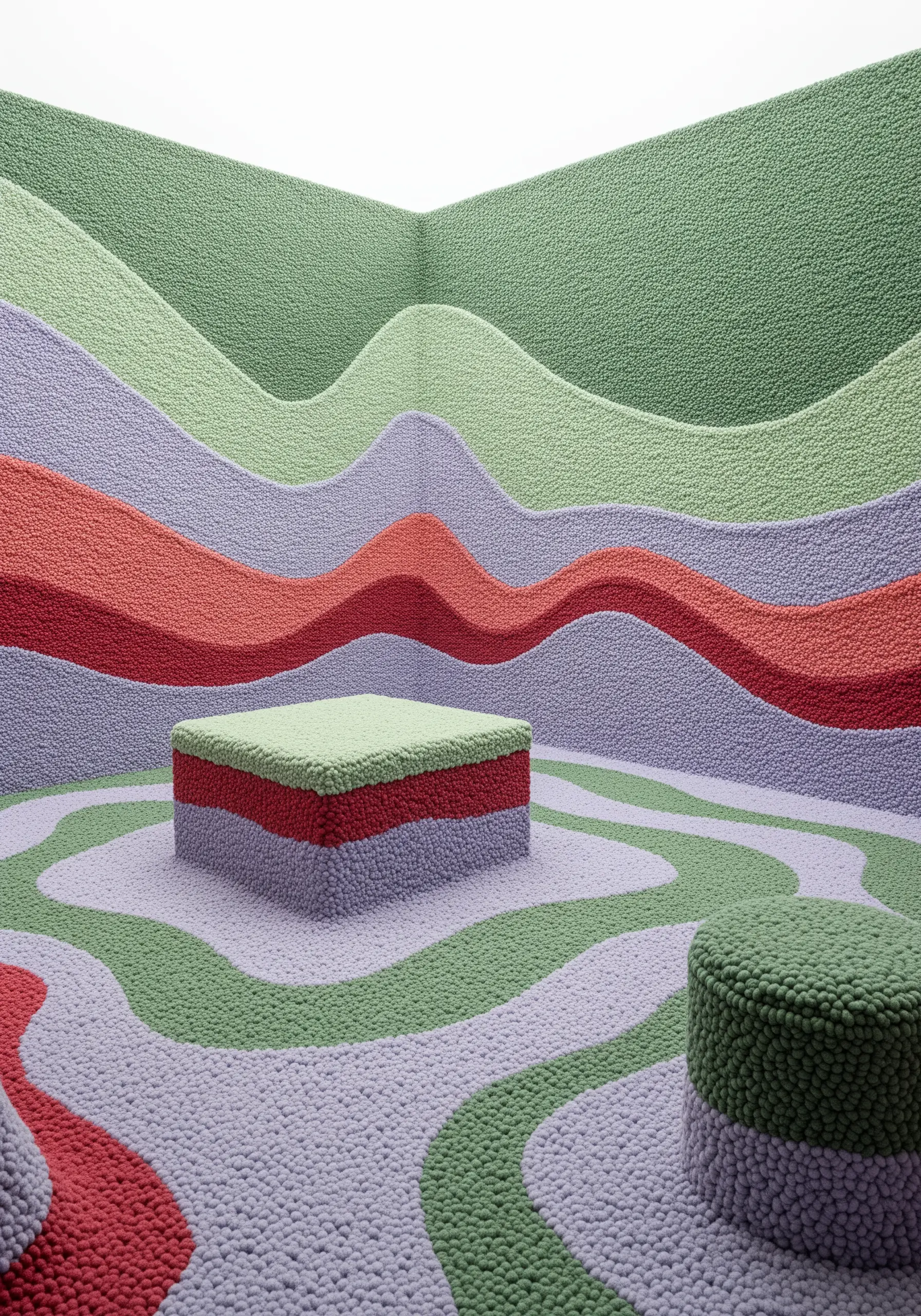 An immersive room where the walls and floor are covered in wavy, topographic layers of yarn.