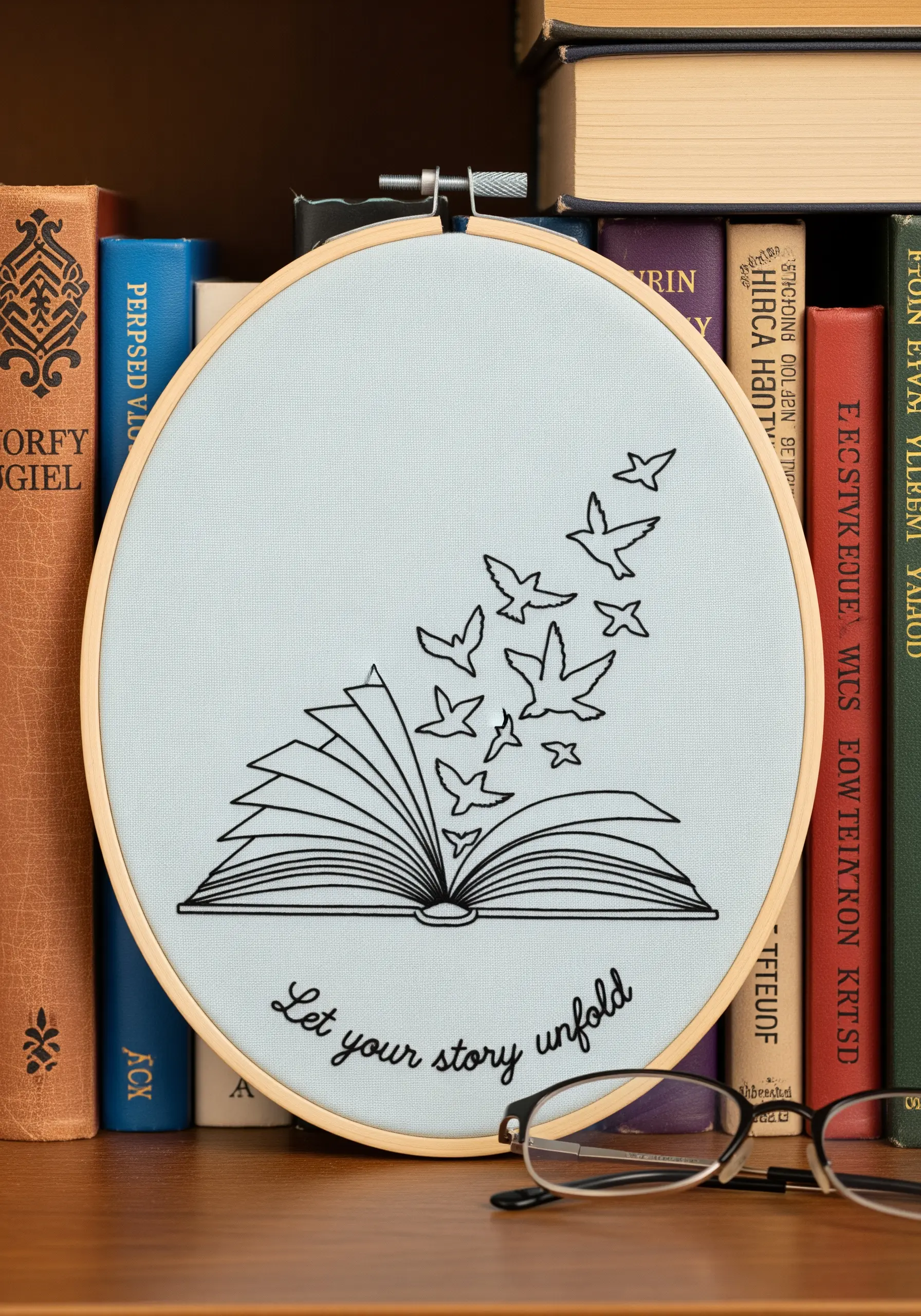 An open book embroidered with birds flying out and the quote “Let your story unfold.”