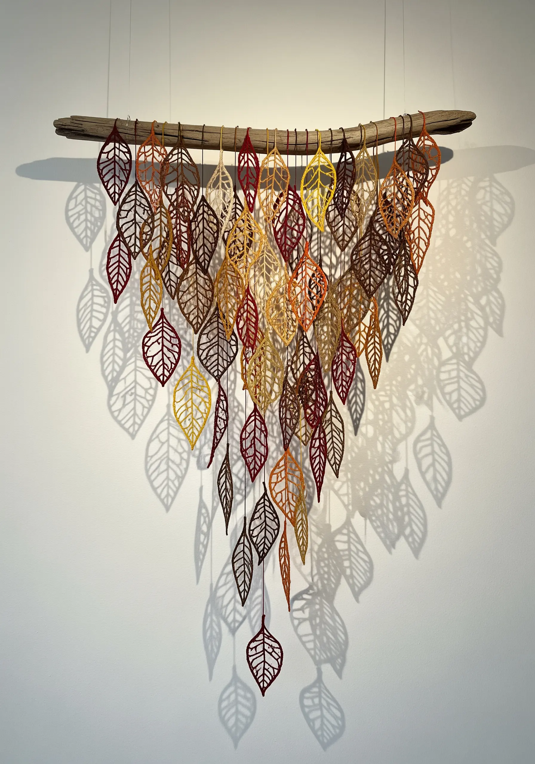 A mobile made of delicate, embroidered leaves in autumn colors hanging from a piece of driftwood.