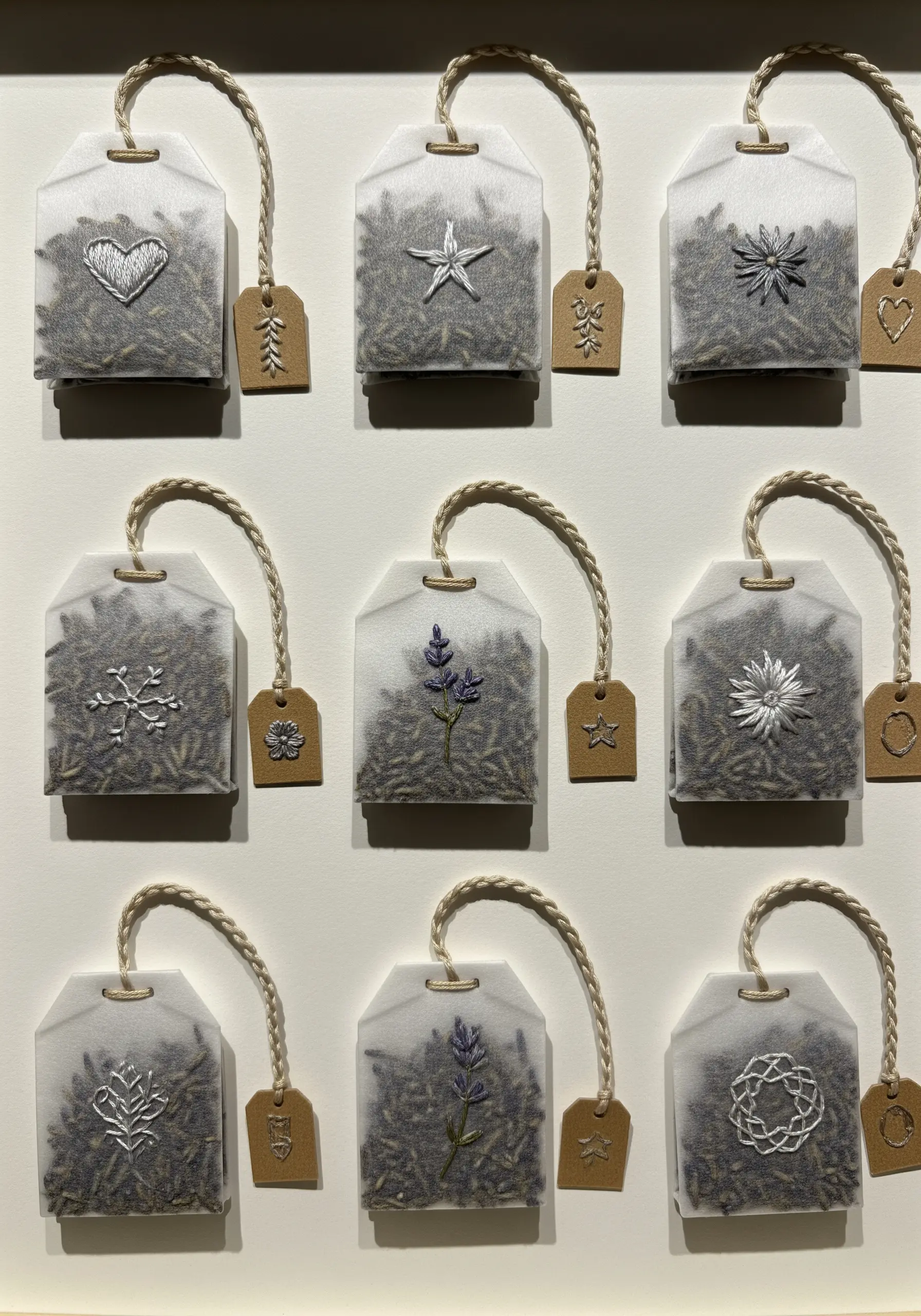 A collection of nine tea bags, each embroidered with a delicate, tiny motif.