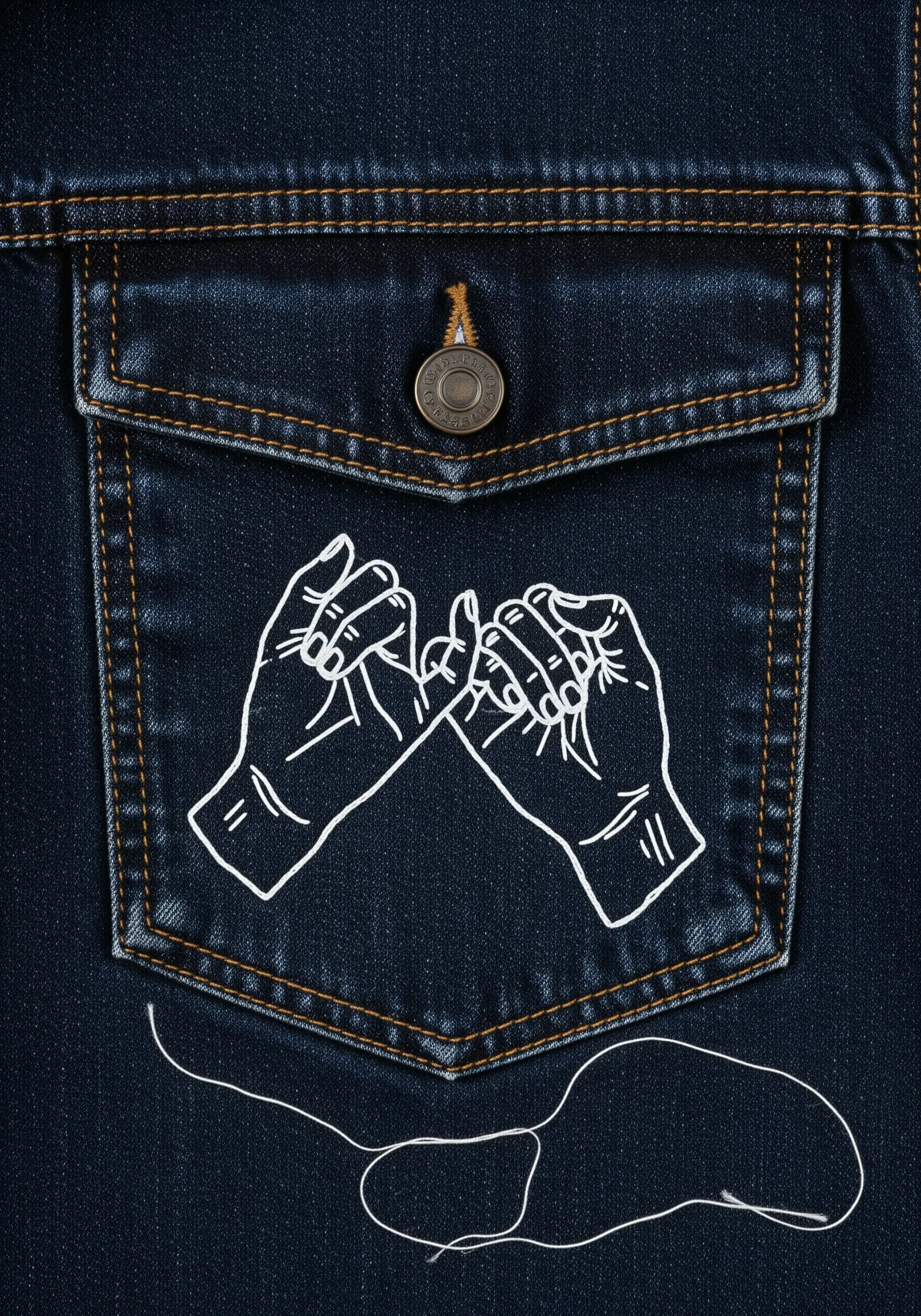White thread line art of a pinky promise on a dark denim jacket pocket.