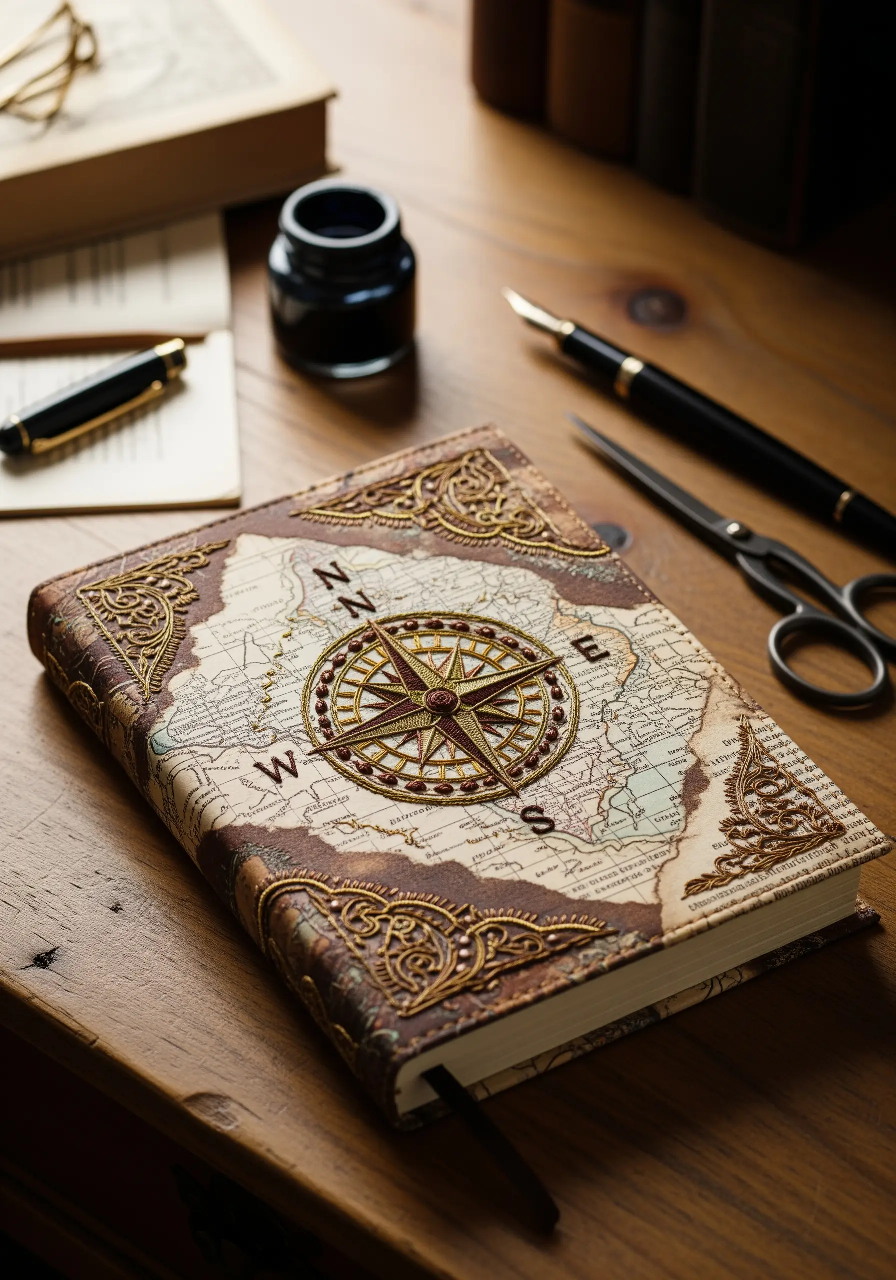 Gold and red thread embroidered compass on a faux leather journal cover.