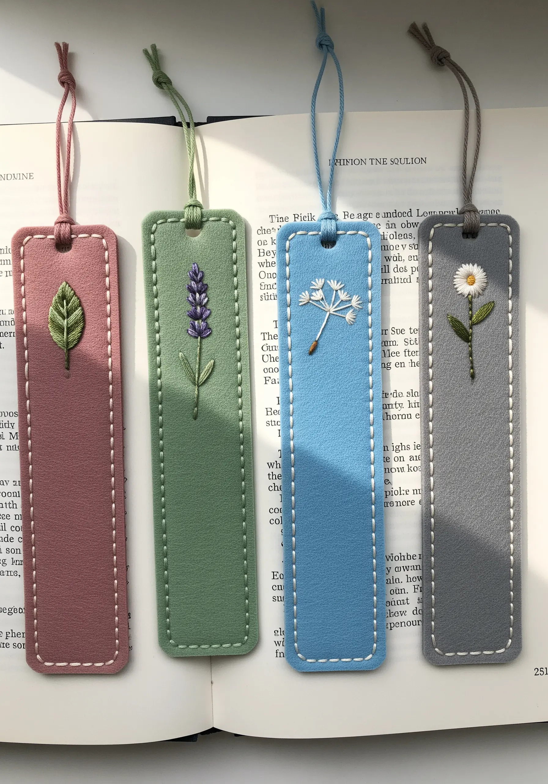 Small botanical motifs embroidered on colorful felt bookmarks.