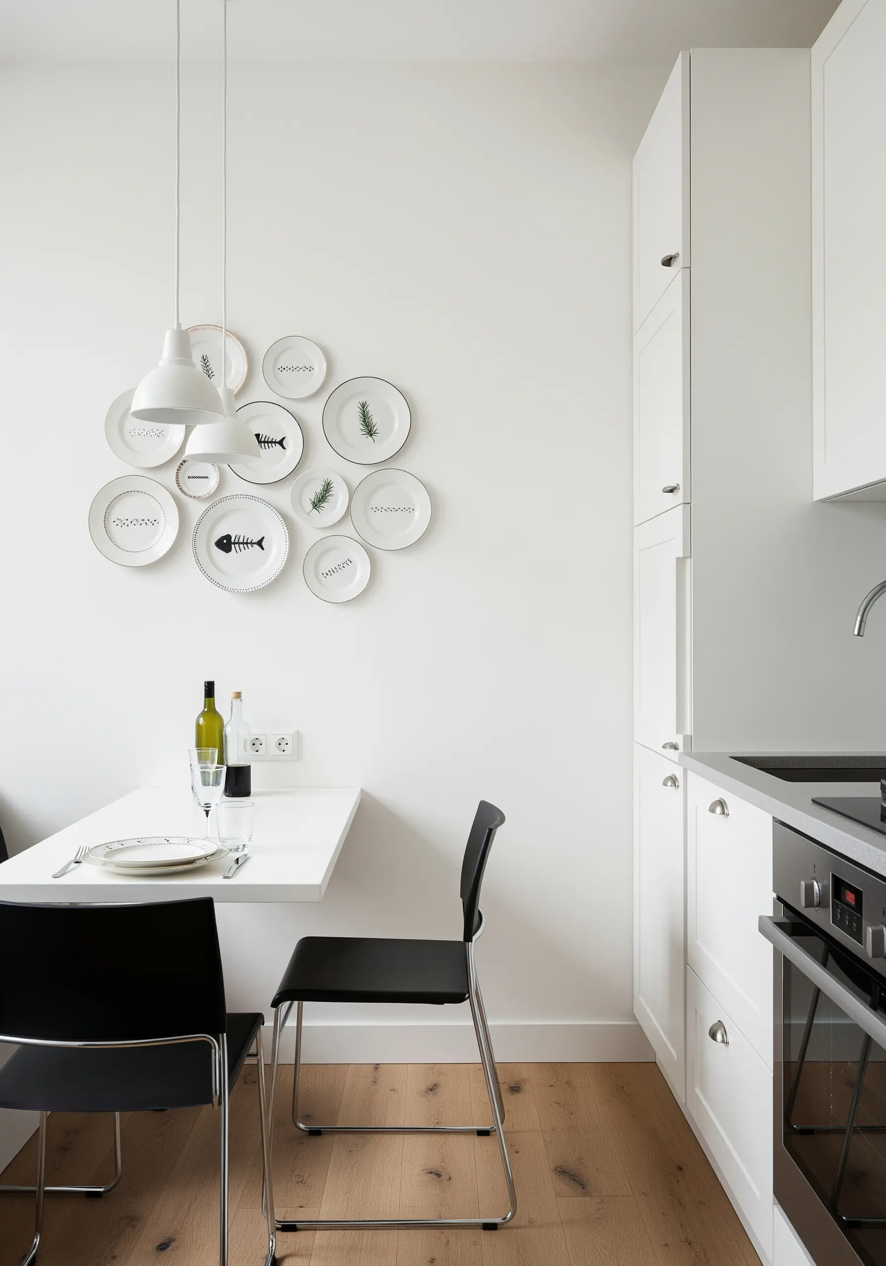 A collection of white plates on a wall, decorated with simple black embroidered motifs.