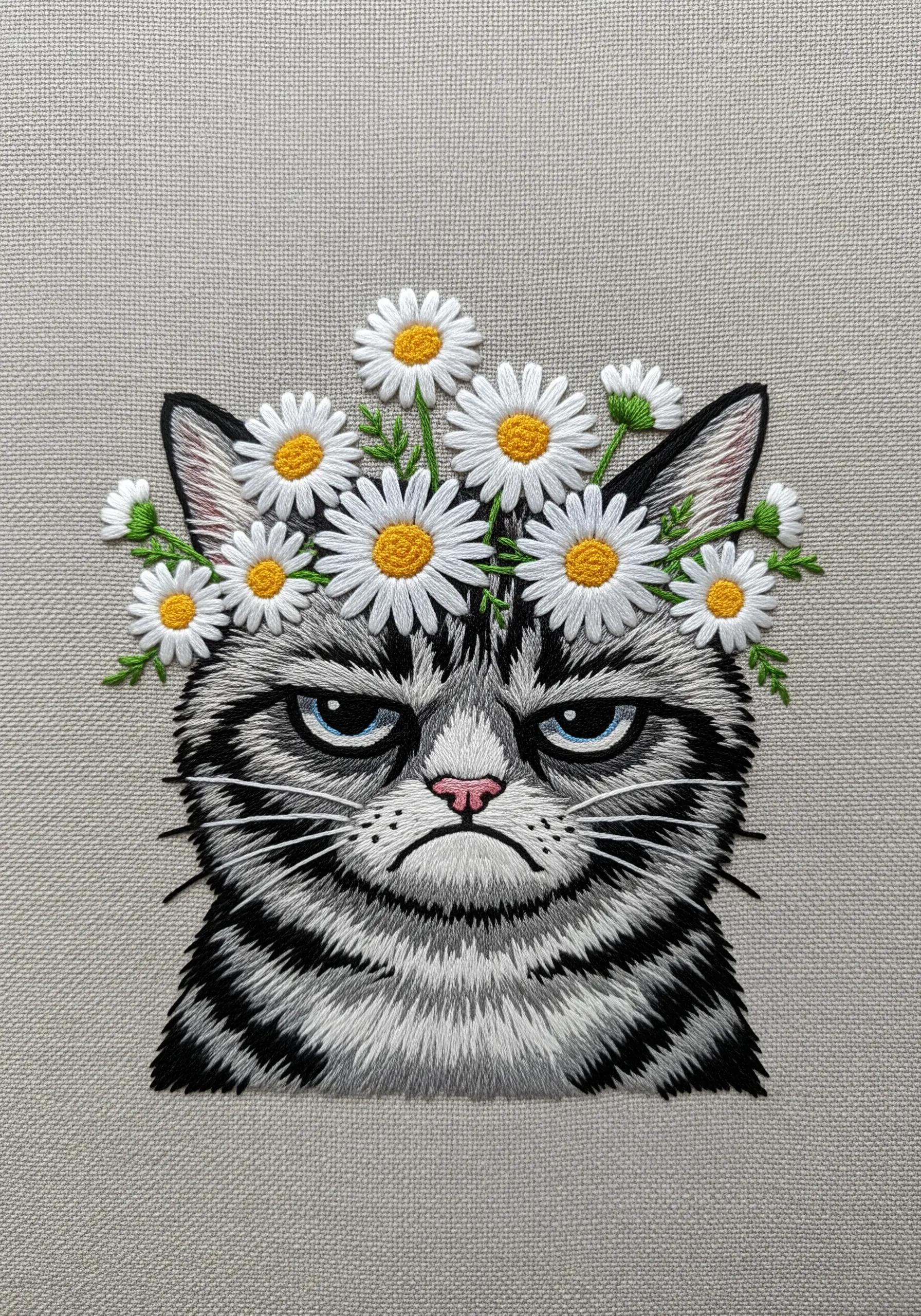 An embroidered grumpy cat with a cheerful daisy crown on its head.