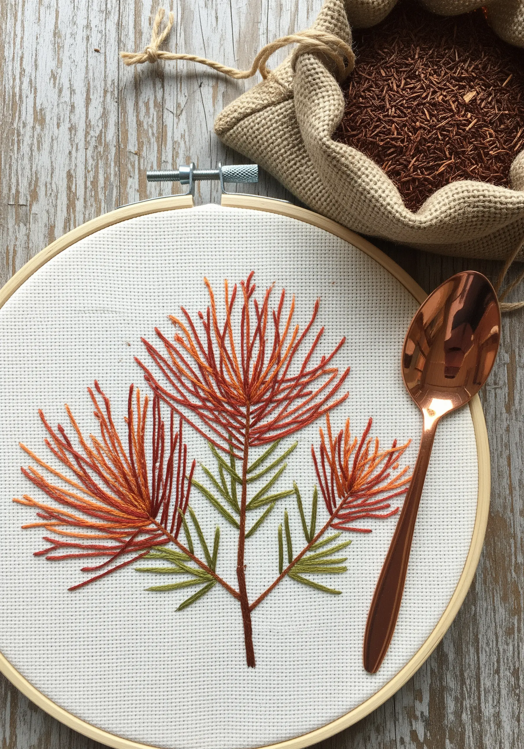 Delicate rooibos branch embroidered with long, thin stitches in red and orange hues.