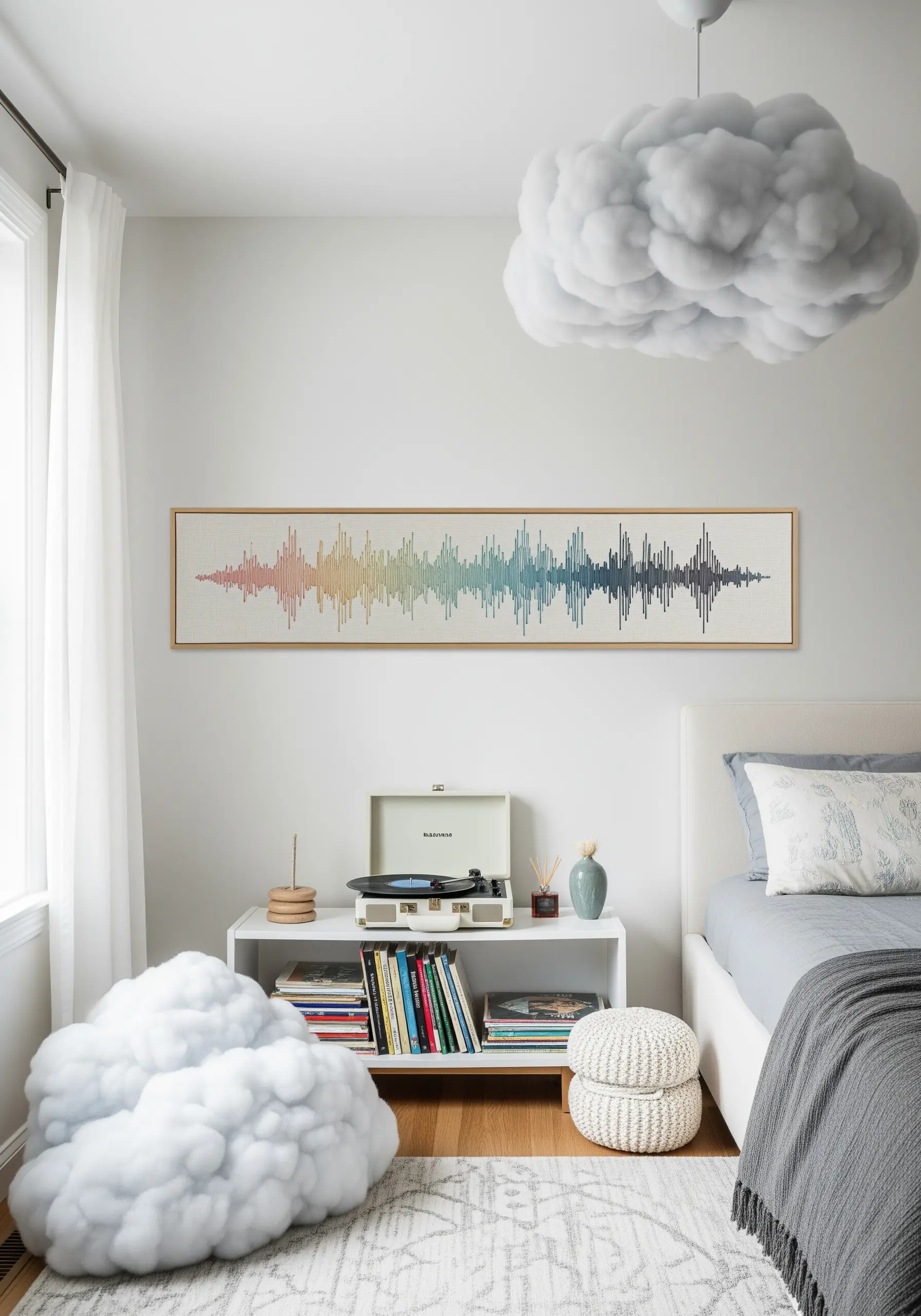 A long, framed piece of embroidery depicting a soundwave in a soft rainbow color gradient.