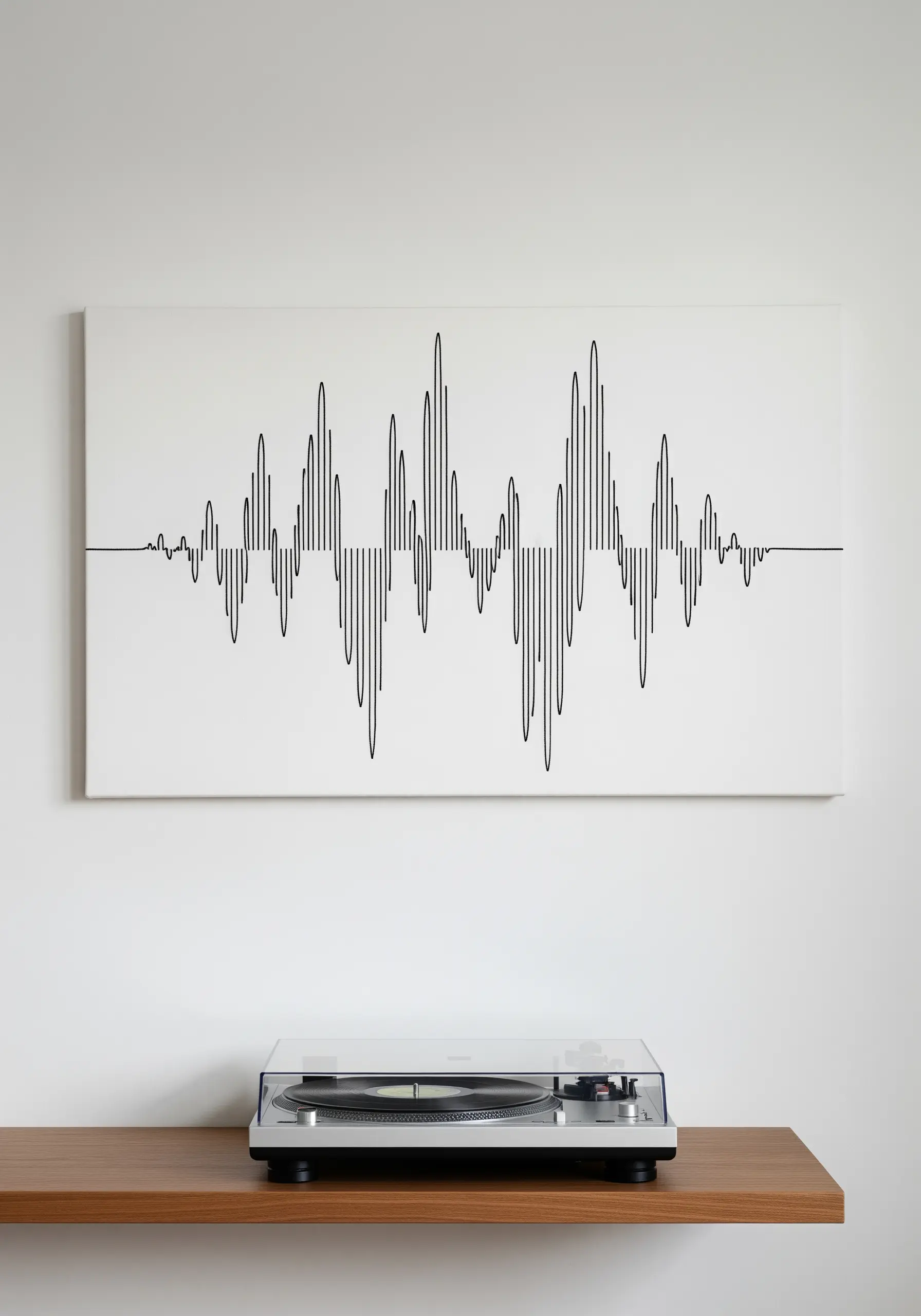 A black soundwave pattern embroidered on a white rectangular canvas.