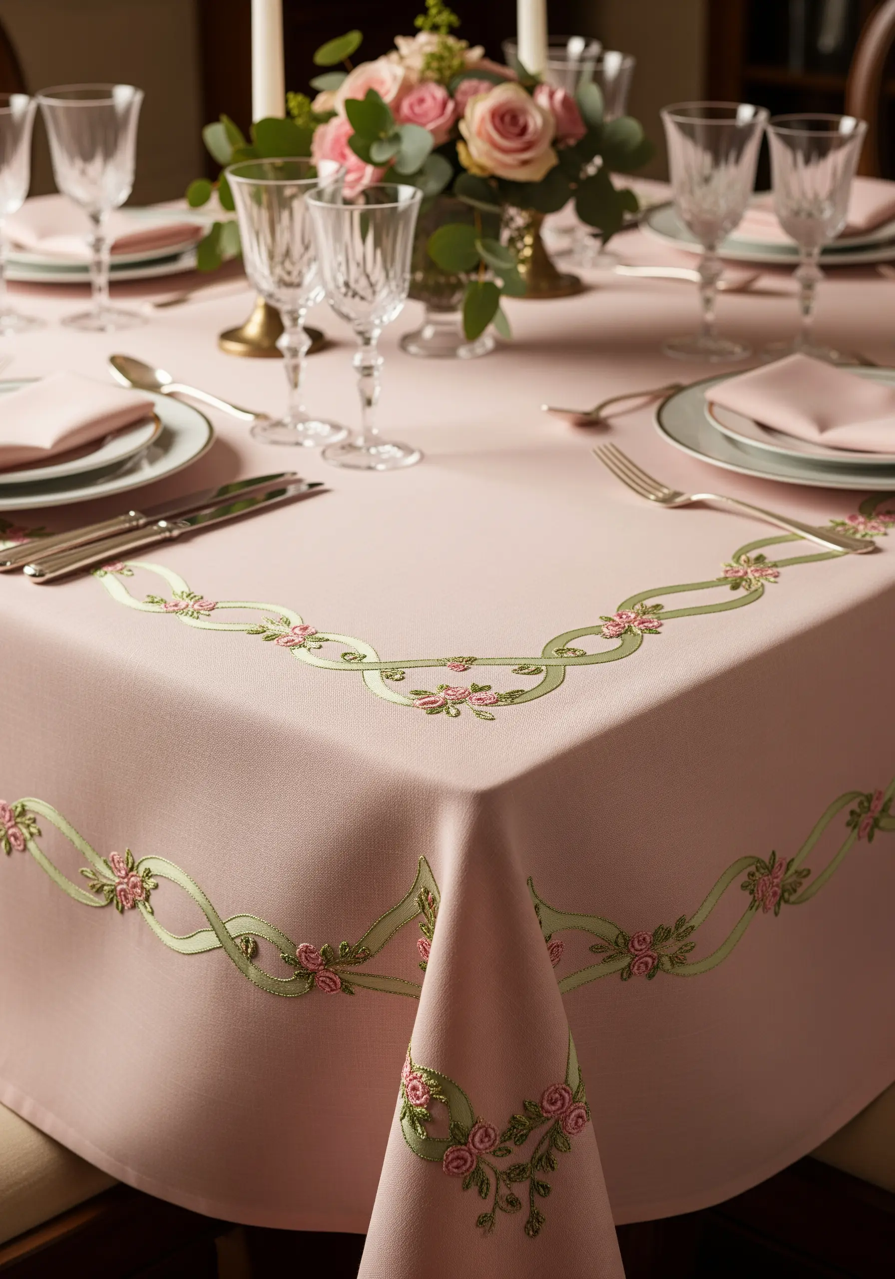 A border of green embroidered ribbon with pink roses on a pink tablecloth.