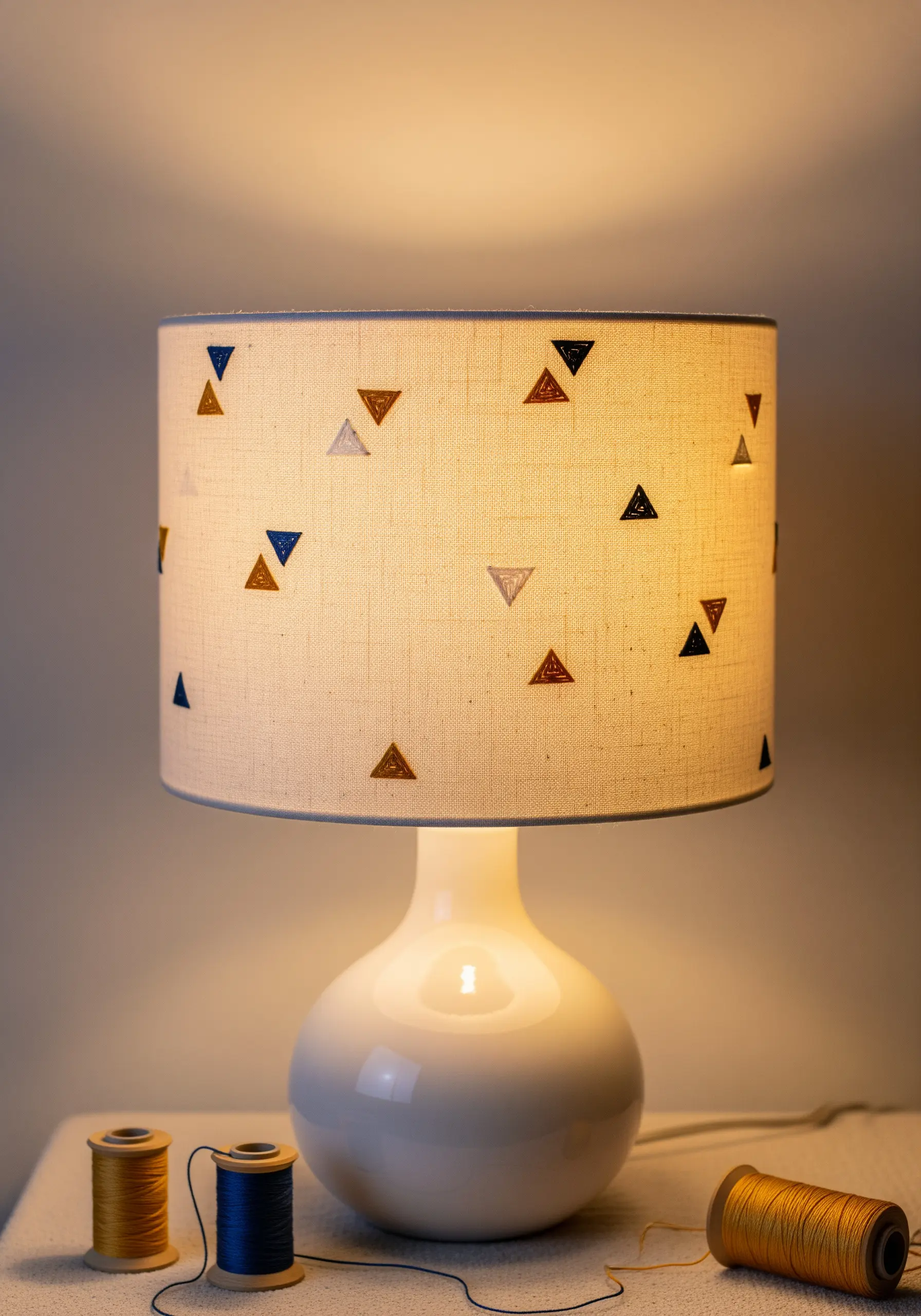 Small satin-stitched triangles in earthy tones embroidered on a fabric lampshade.