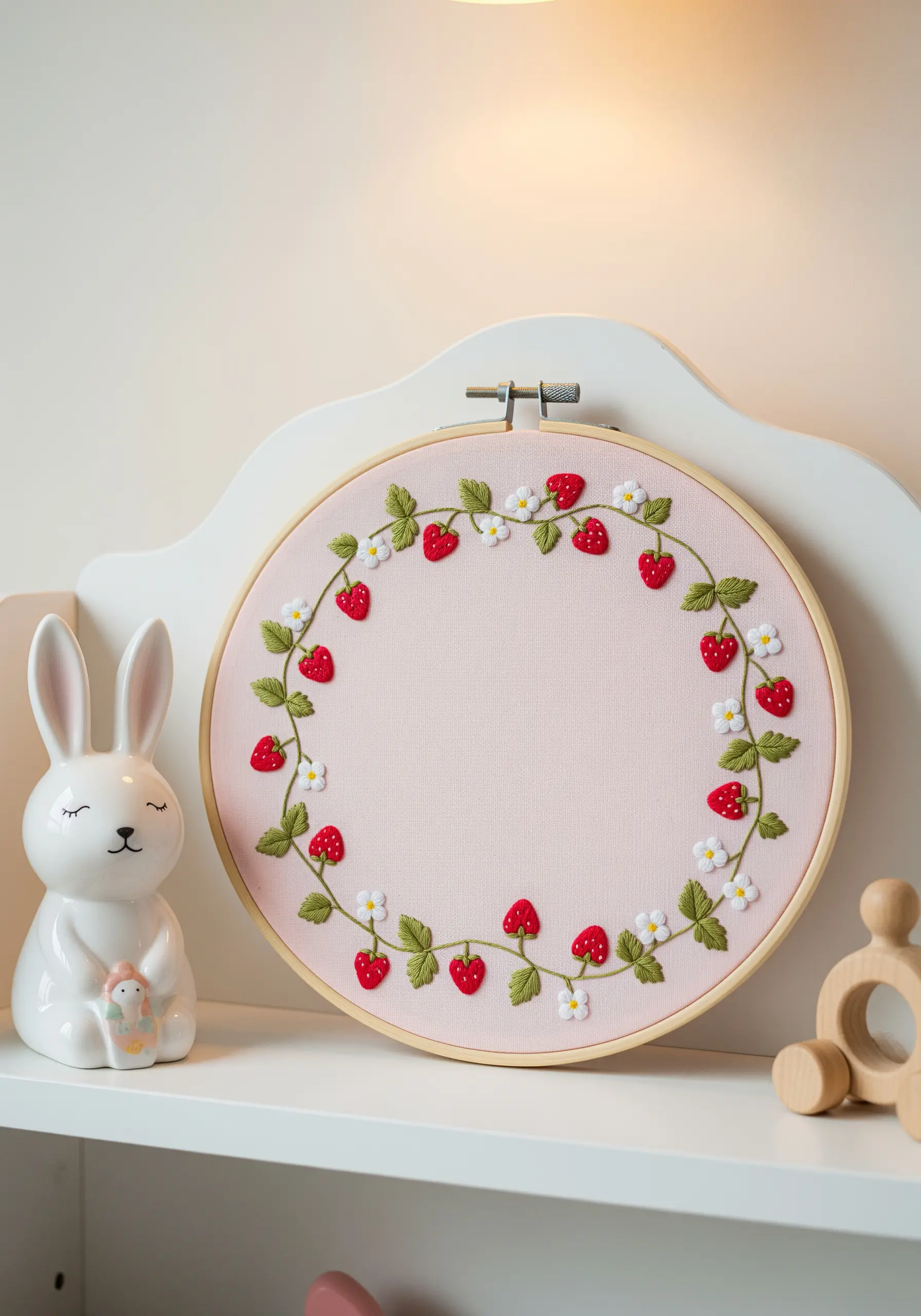 Embroidered wreath of a strawberry vine with red berries, white flowers, and green leaves.