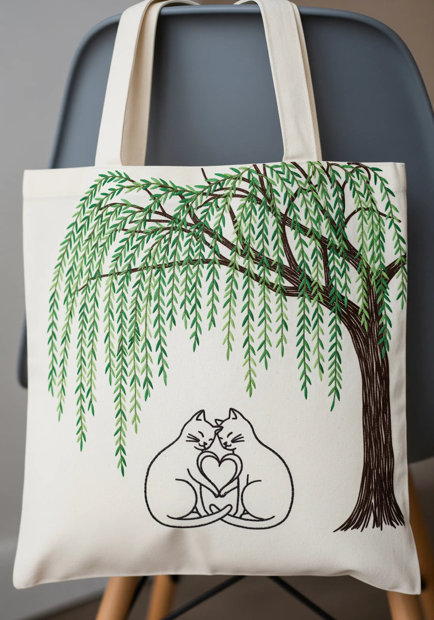Line art of two cats with heart-shaped tails under a willow tree on a tote bag.
