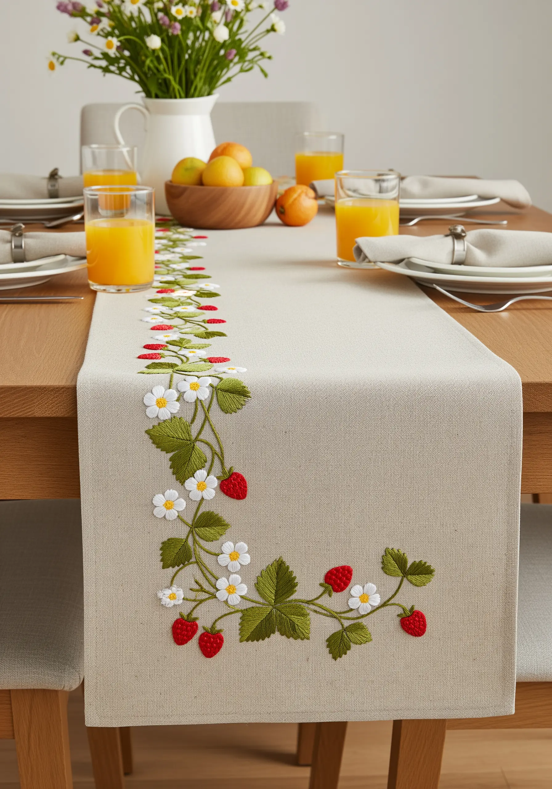 An embroidered table runner with a trailing strawberry vine, white flowers, and red berries.