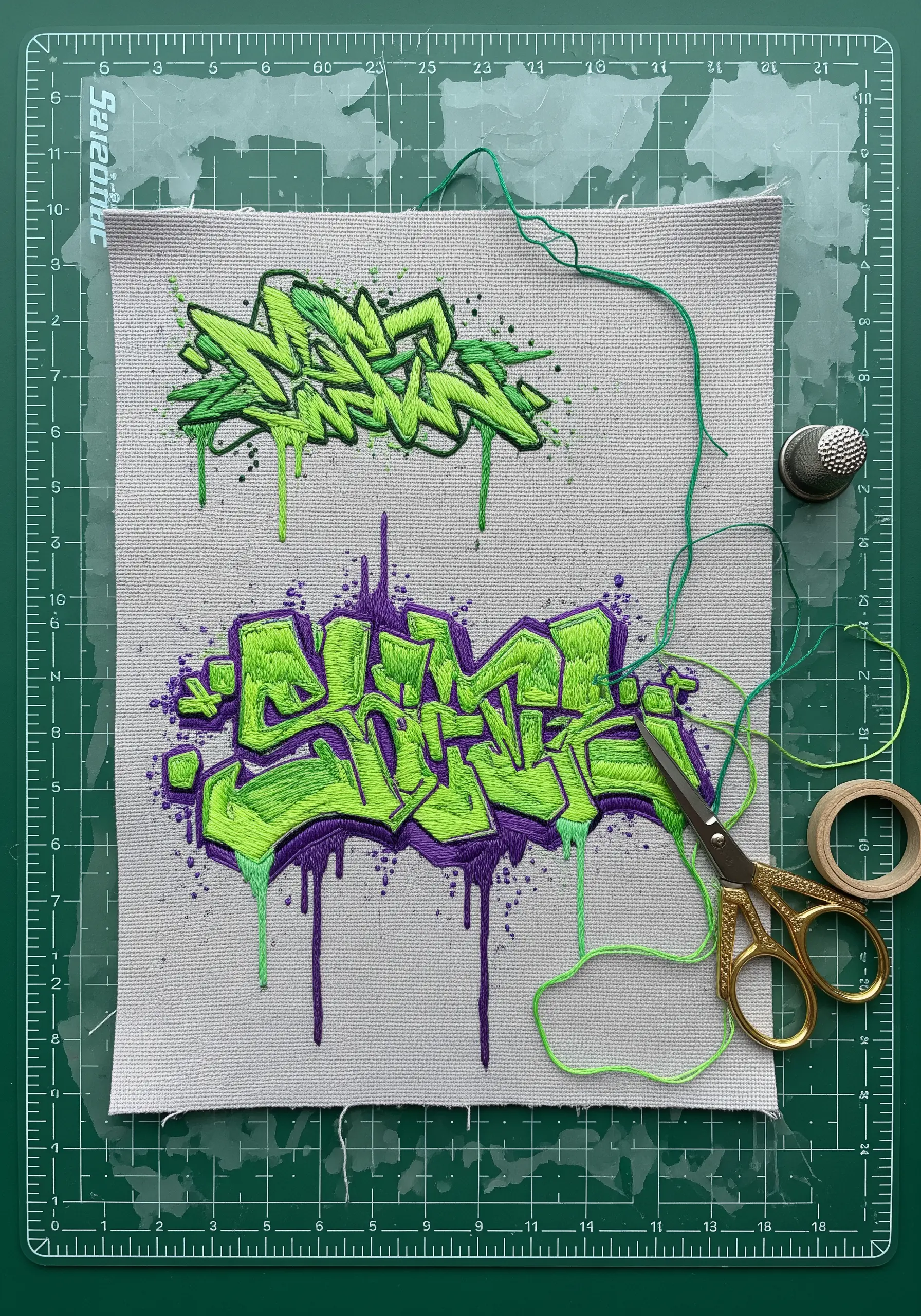 Green and purple graffiti style embroidery on grey fabric