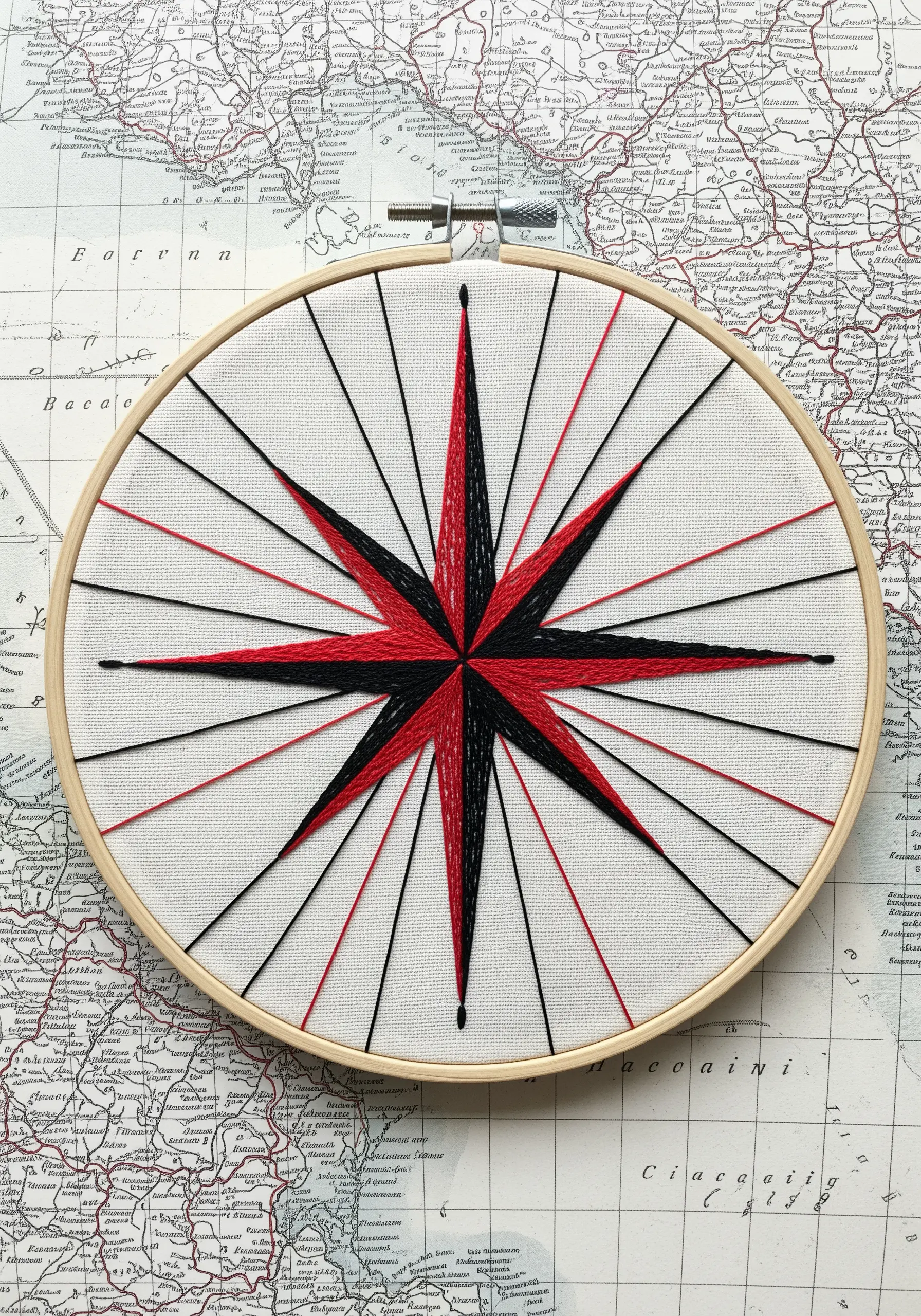 A red and black compass star embroidered in a string art style onto a vintage map background.