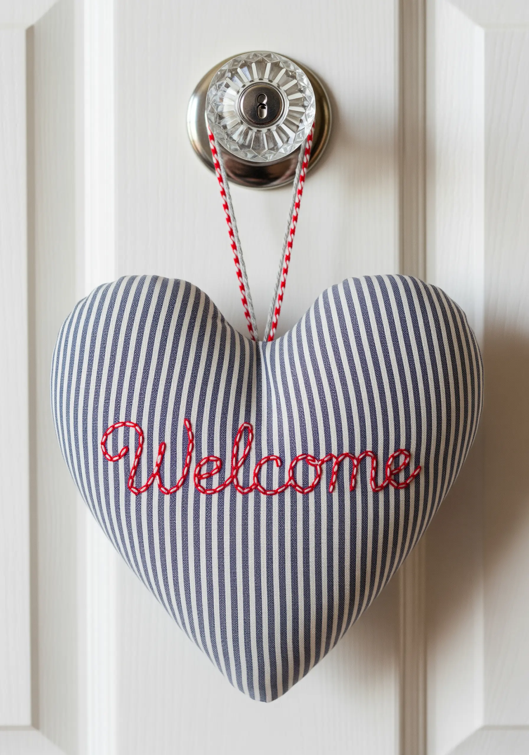 Striped heart cushion with red cursive embroidery