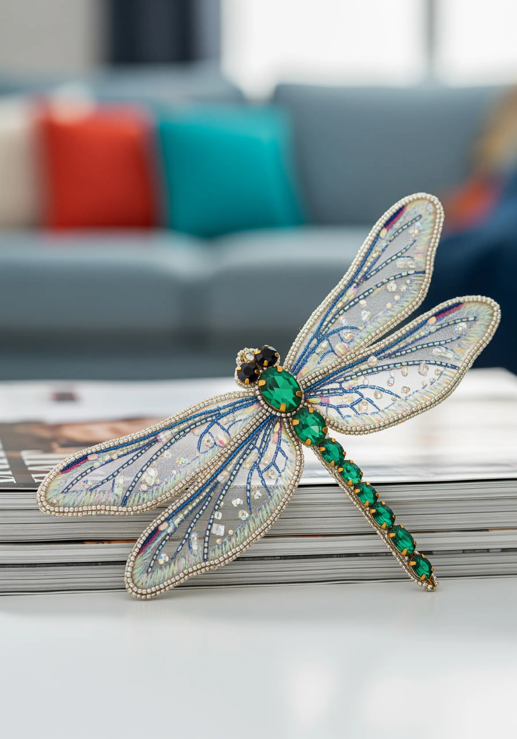 Beaded dragonfly brooch with sheer wired wings