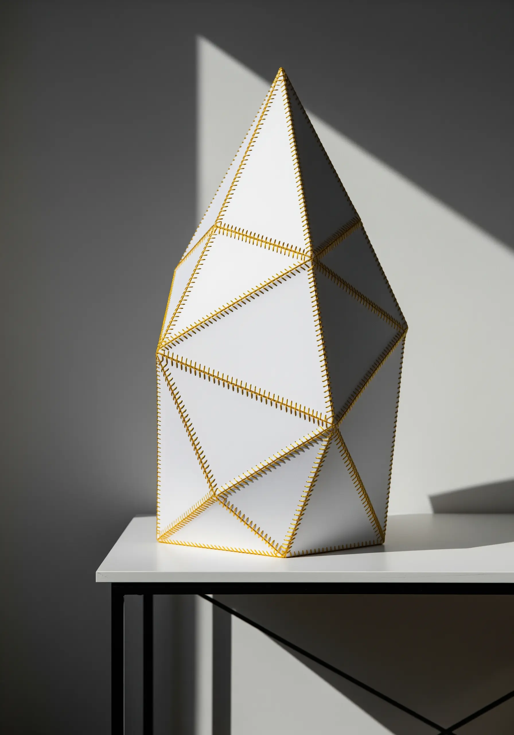 A white, geometric paper sculpture assembled with visible, neat yellow blanket stitches along every edge.