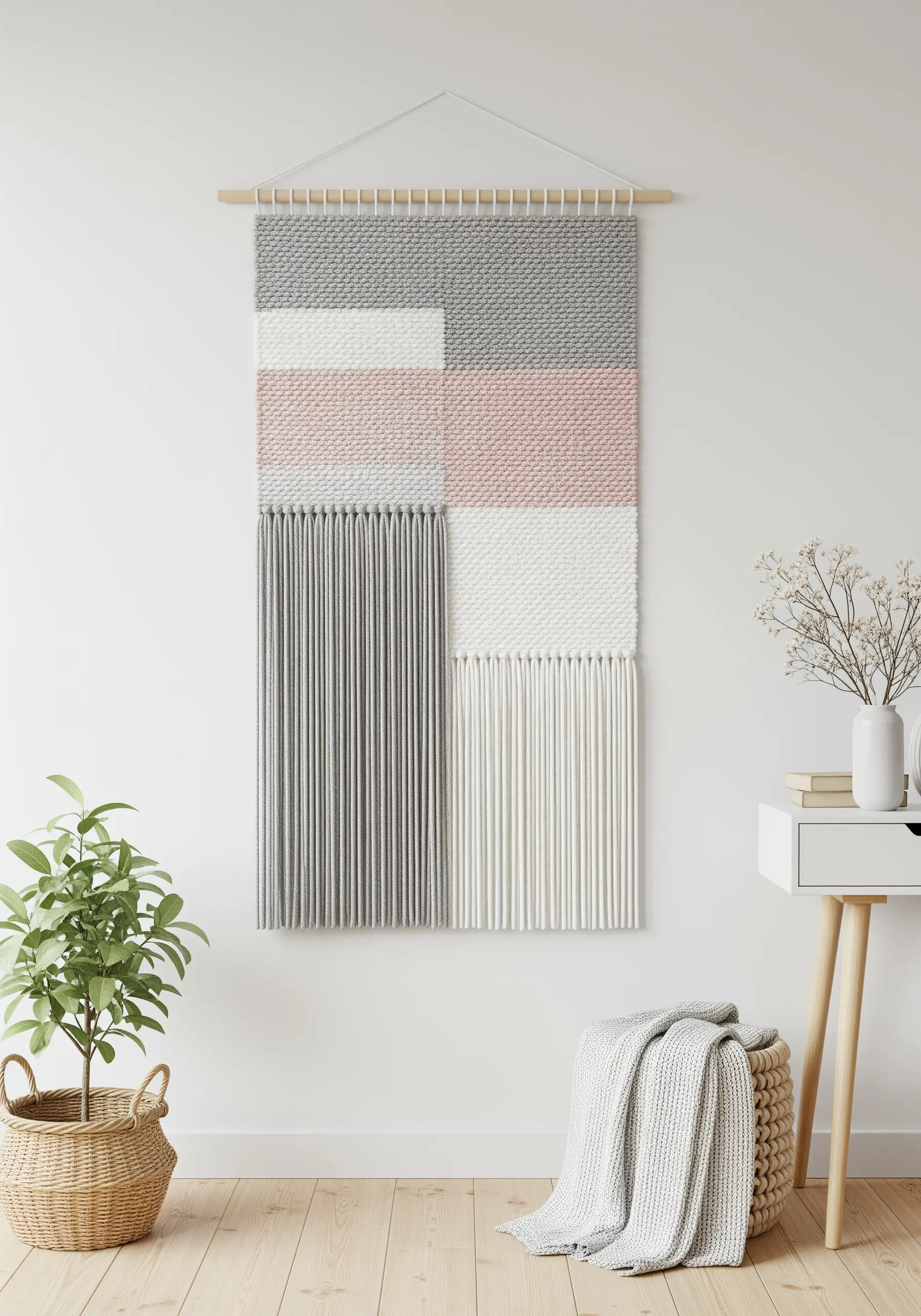 Modern, color-blocked wall hanging with sections of weaving and straight-hanging yarn.