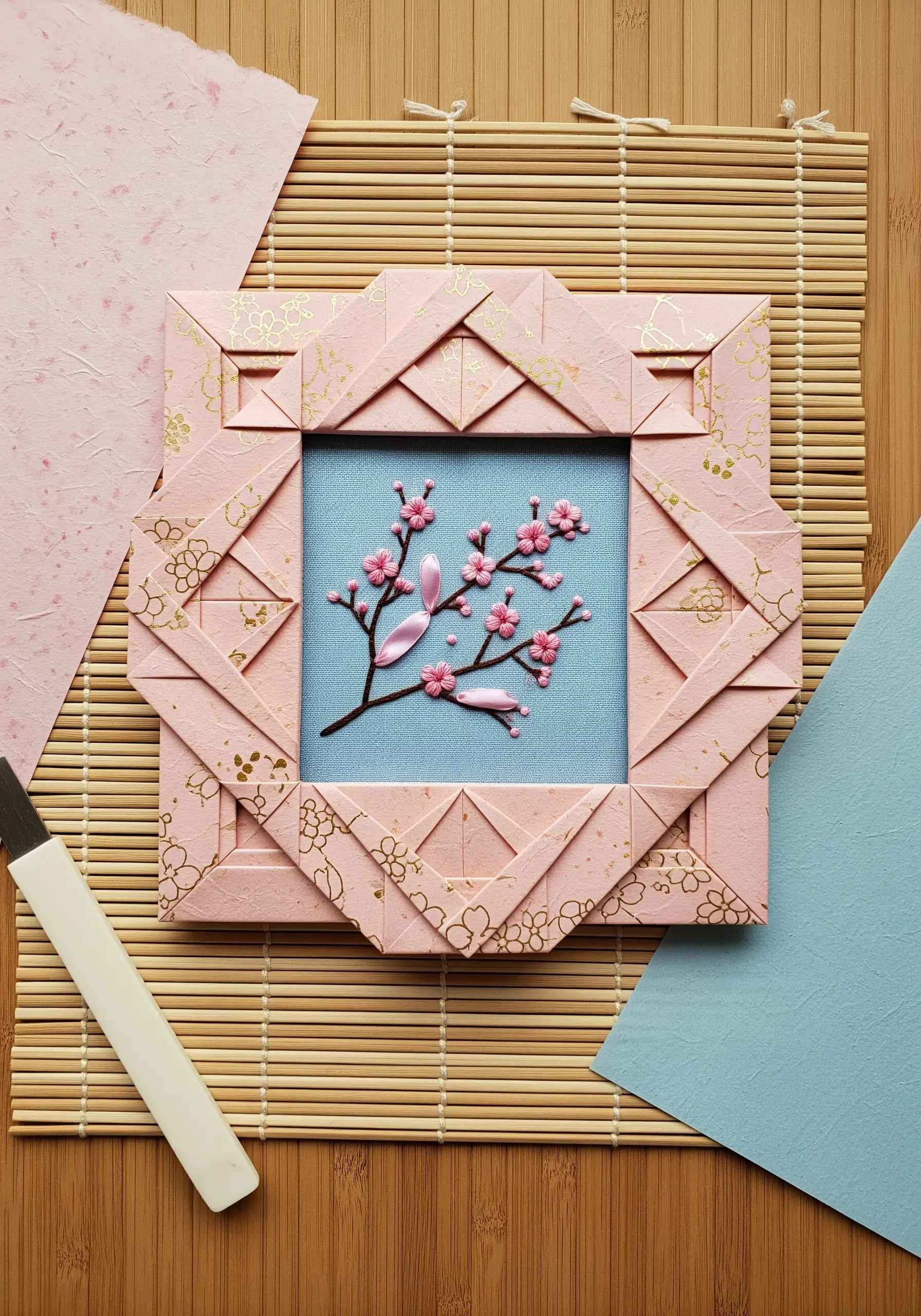 Ribbon embroidery of cherry blossoms inside a pink and gold folded origami paper frame.