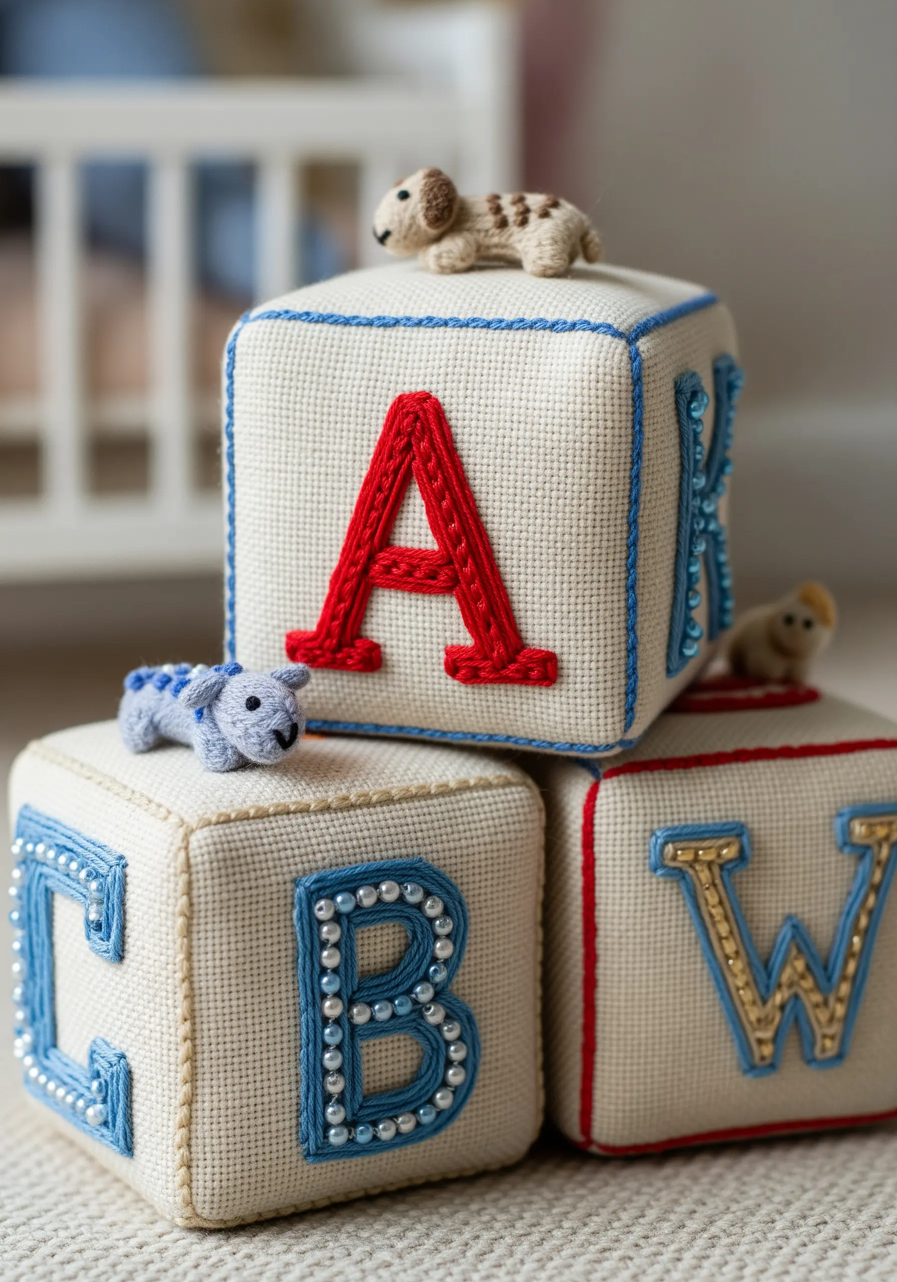 Embroidered alphabet blocks on Aida cloth with letters filled with red thread and blue beads.