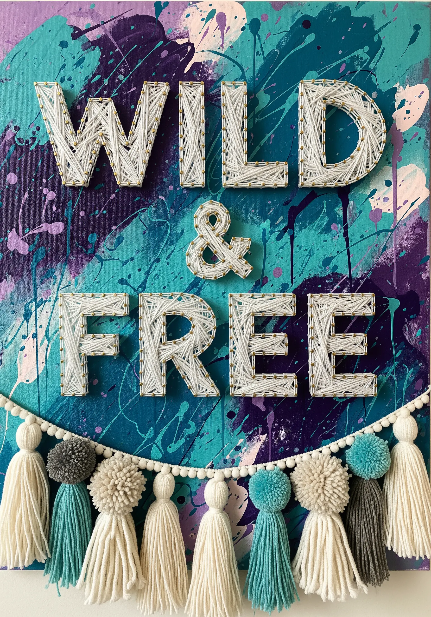 White string art spelling WILD & FREE over a purple and teal splatter paint canvas