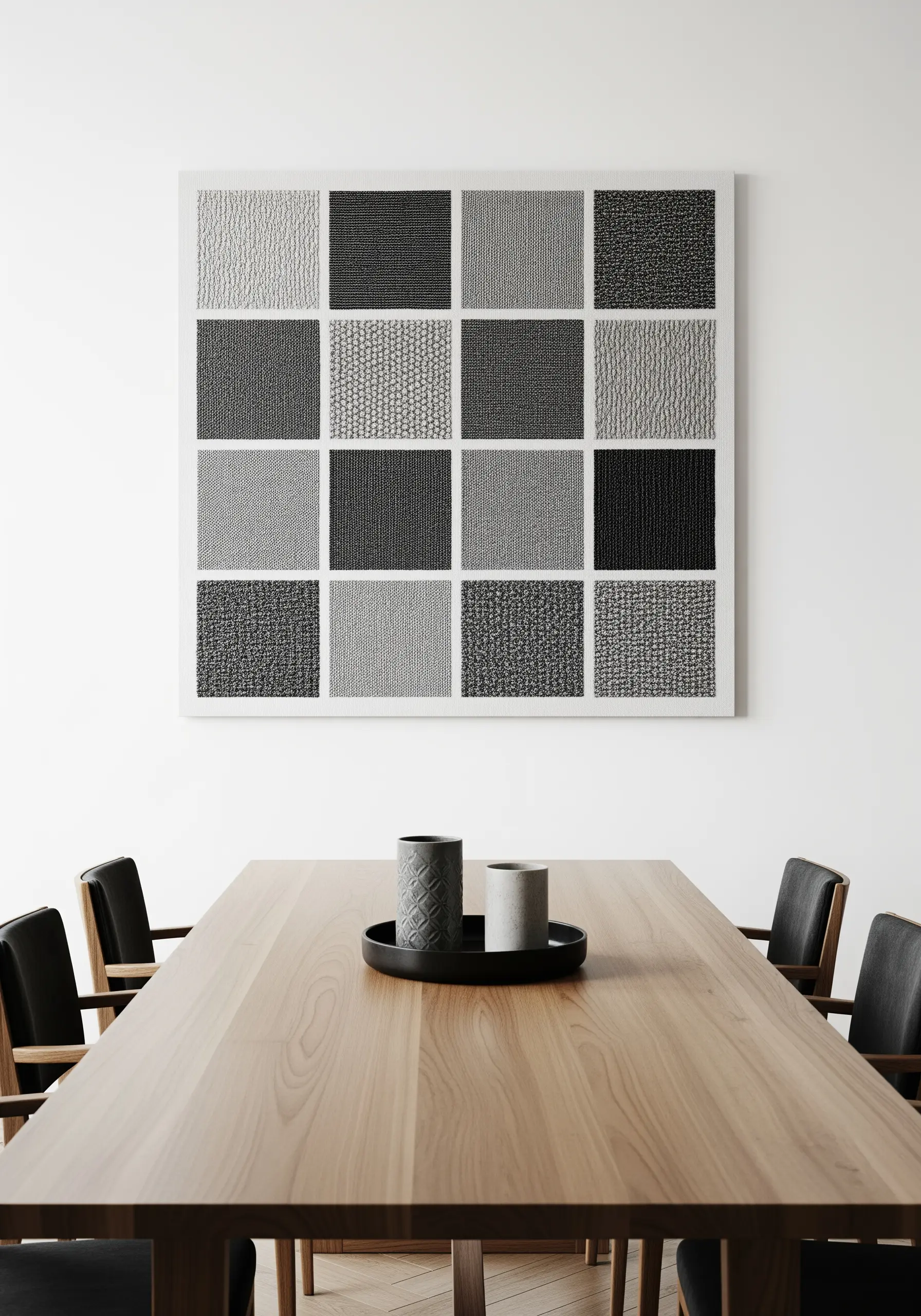 A large, framed grid of sixteen squares with varying black, white, and grey textures.