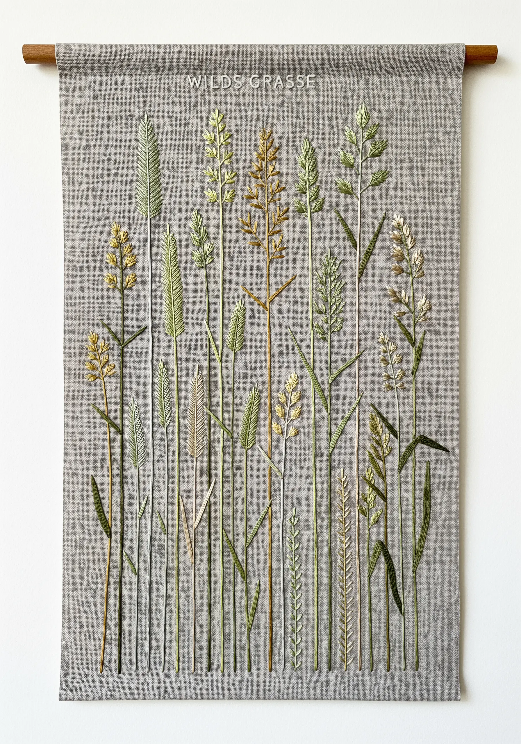 A vertical banner embroidered with a variety of wild grasses in earthy green and gold tones.