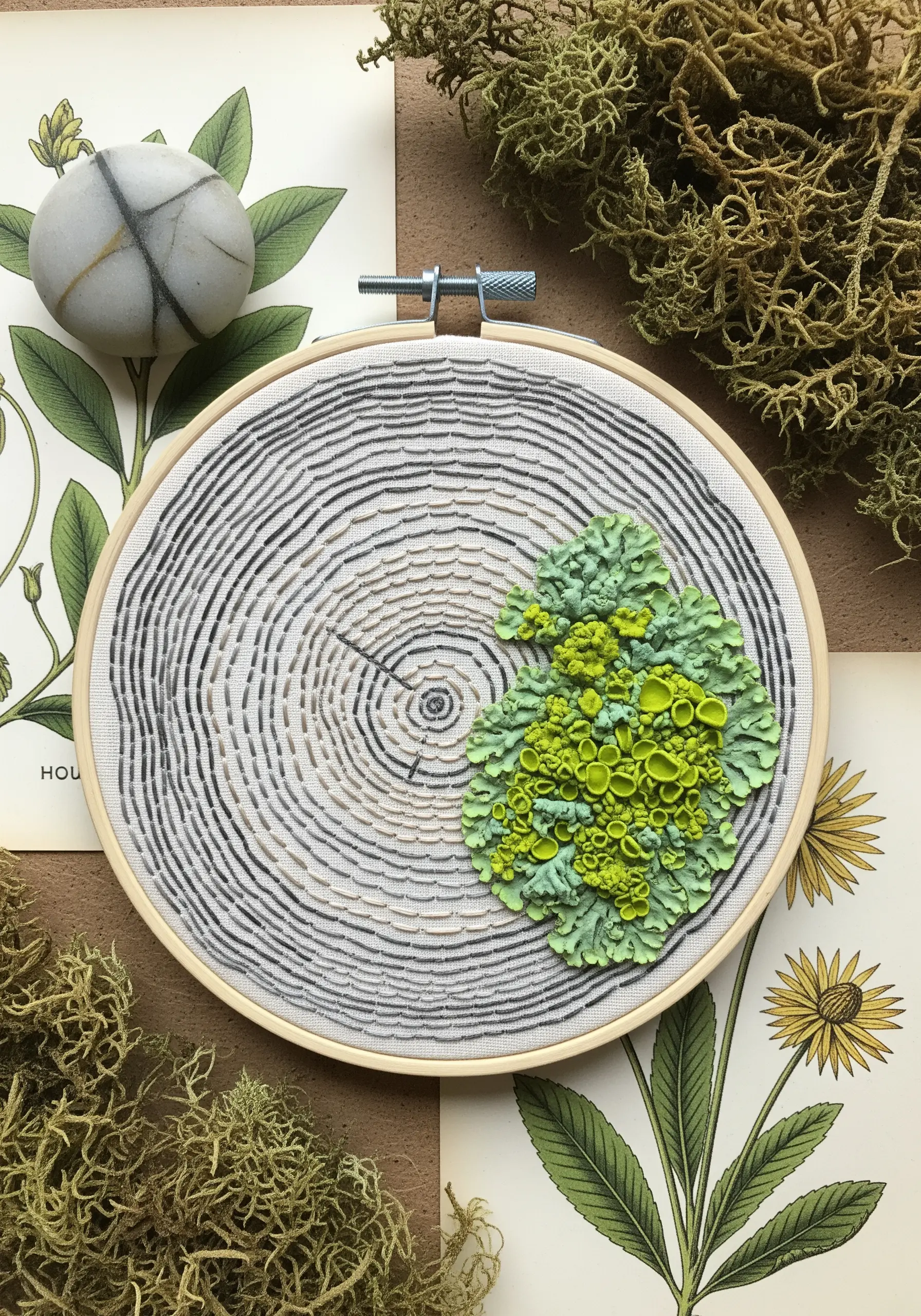 Tree ring embroidery with dimensional, bright green stumpwork lichen made from French knots.