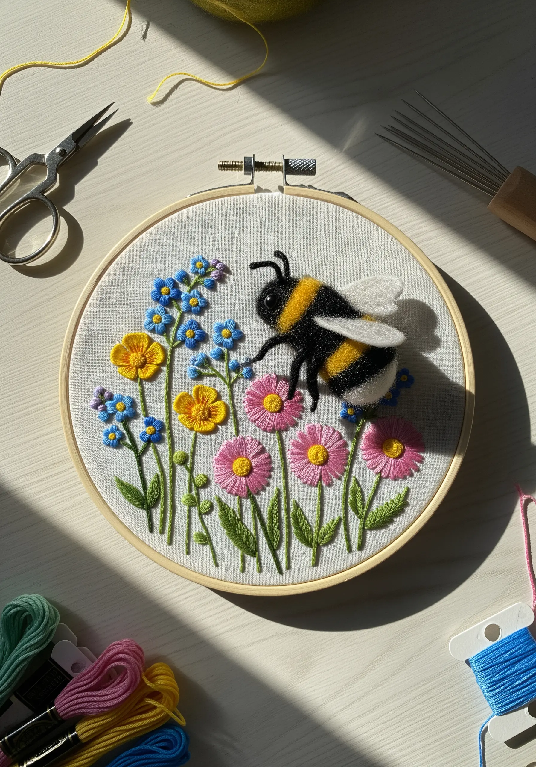 Embroidery of a fuzzy bumblebee and blue/yellow flowers on white fabric