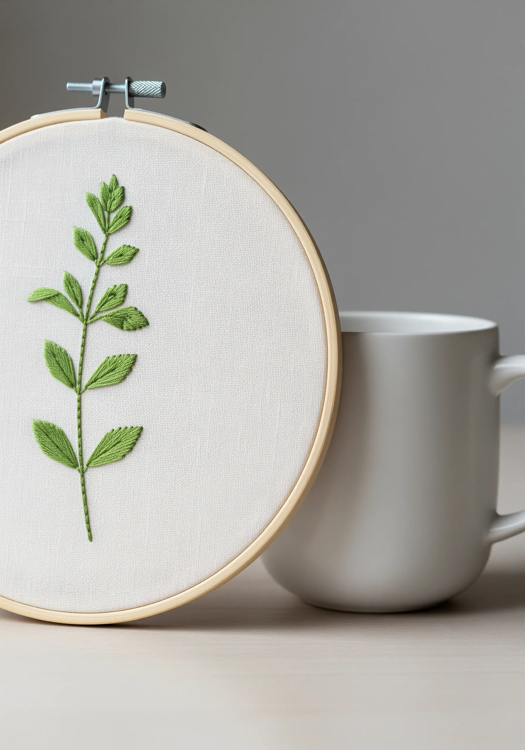 An embroidered hoop with a green herb sprig resting against a white coffee mug.