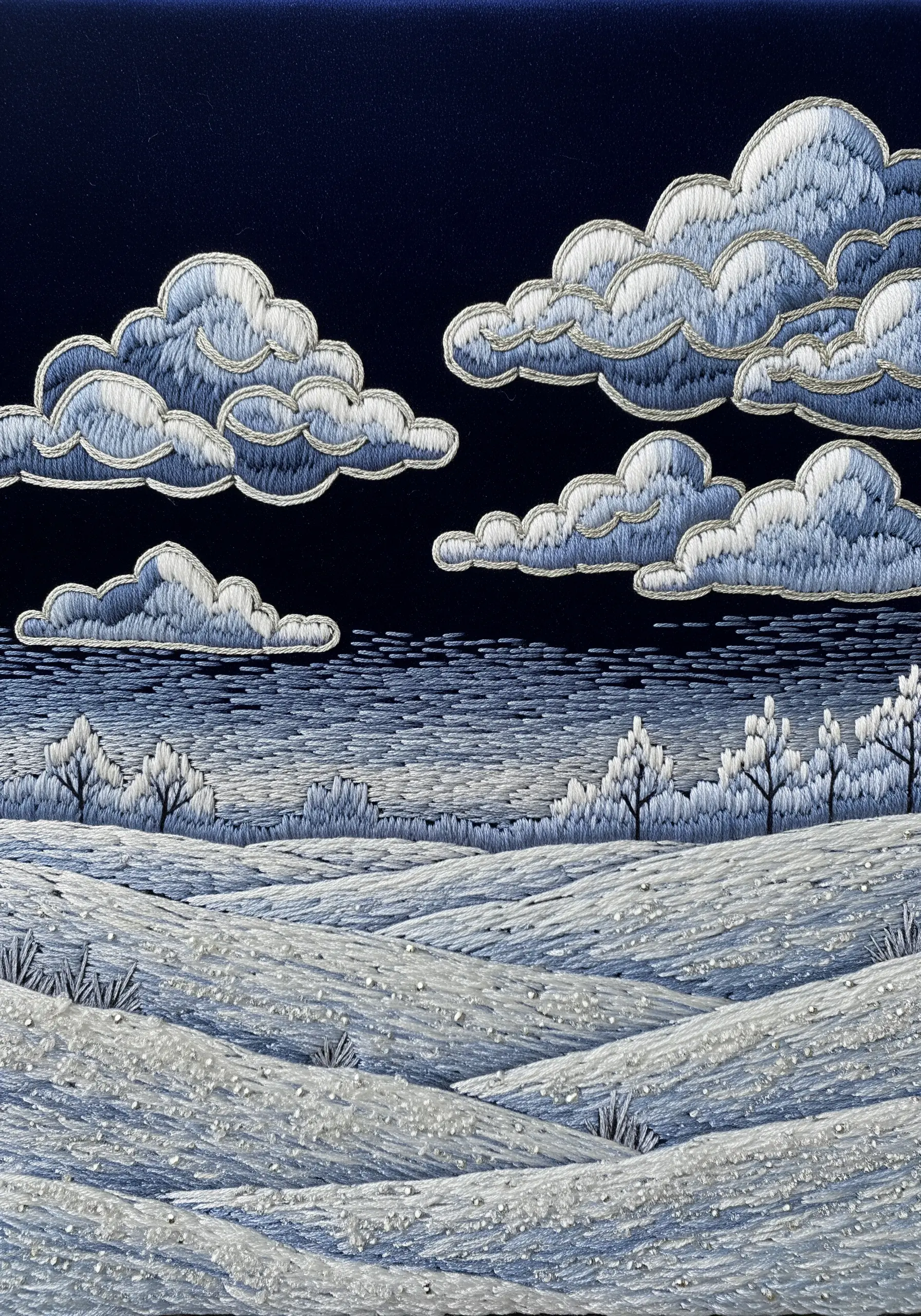 Stylized winter landscape with scalloped clouds on dark blue