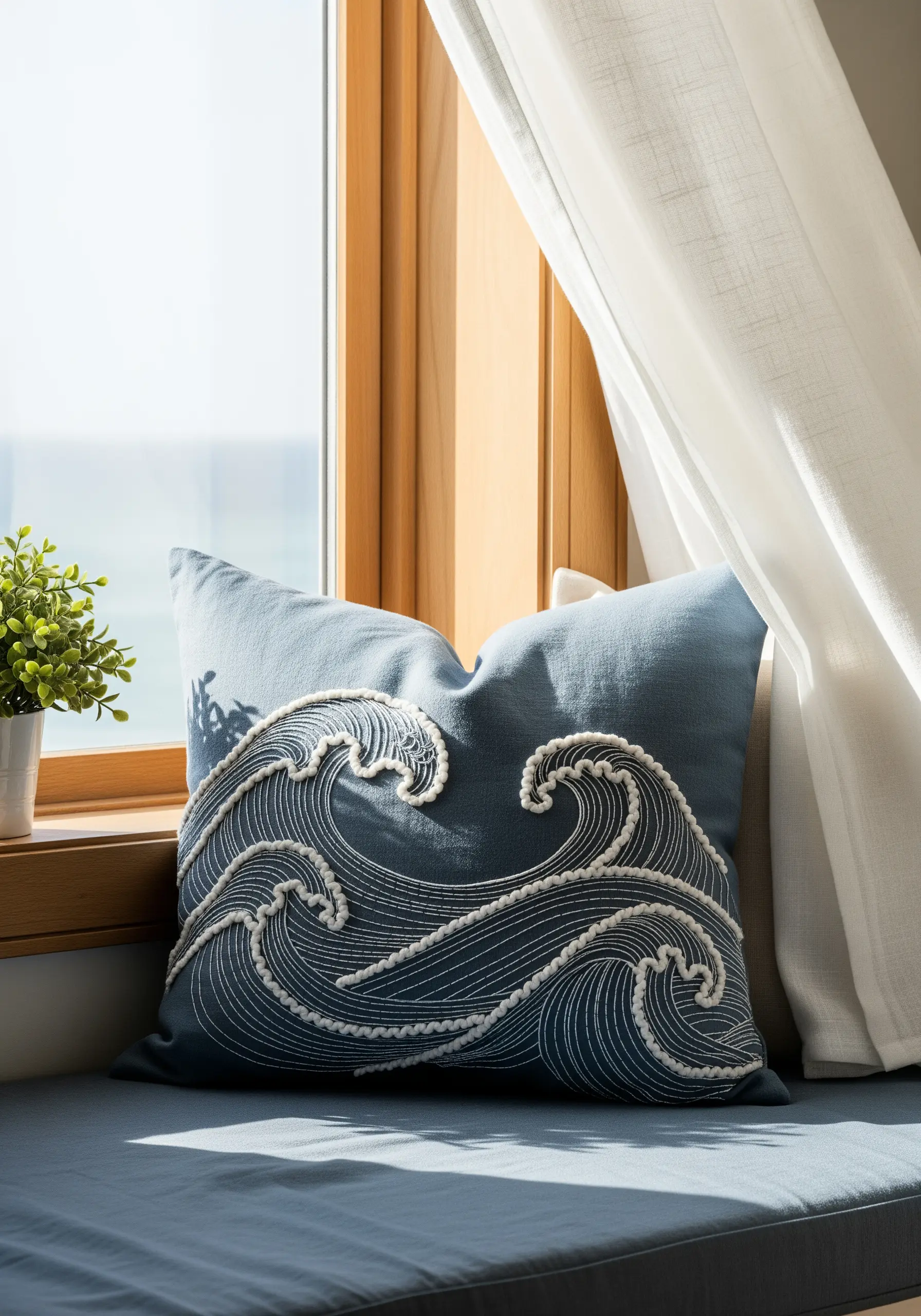White wave pattern embroidery on blue denim pillow