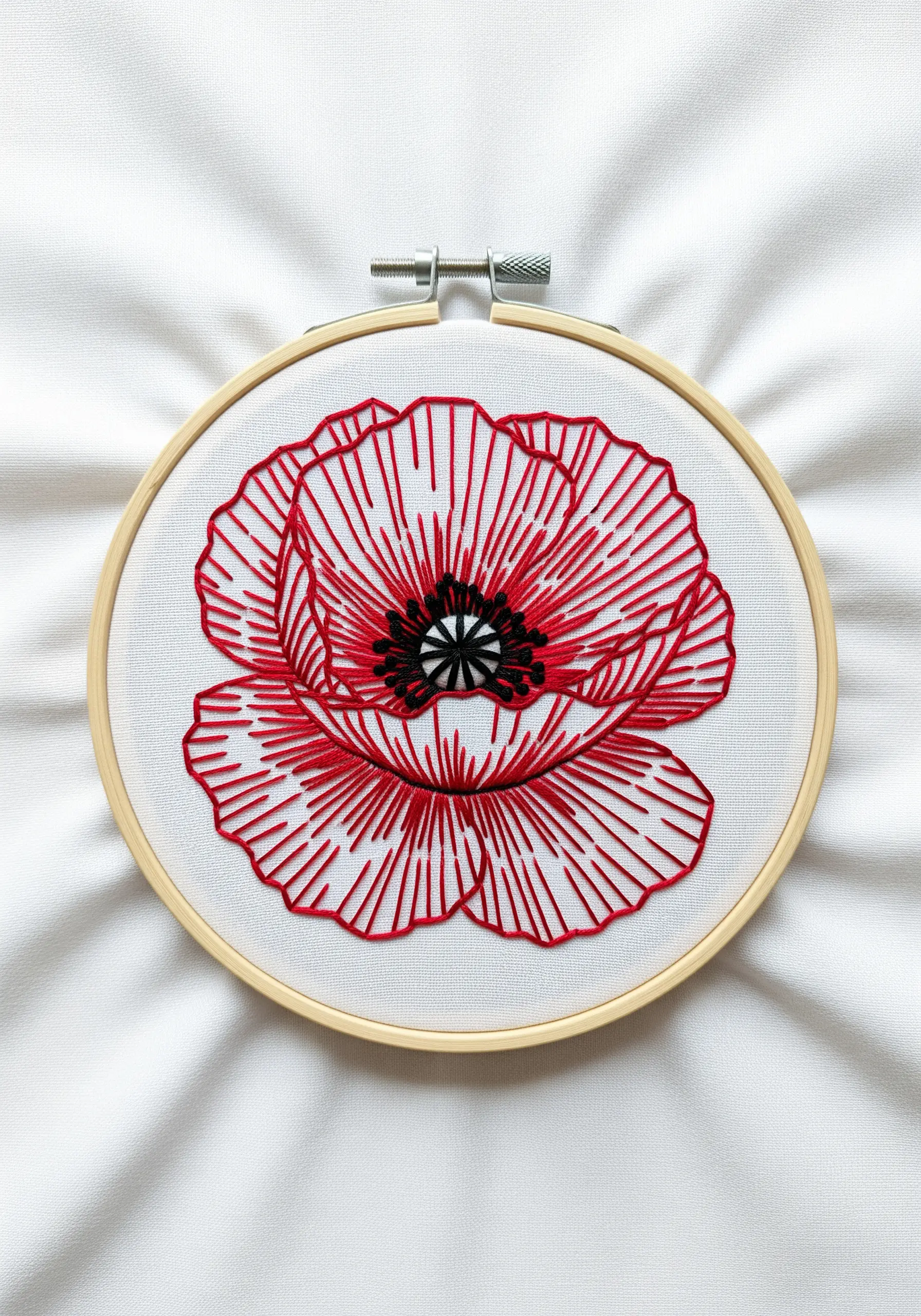 A graphic red poppy created with radiating line work and a black satin stitch center.