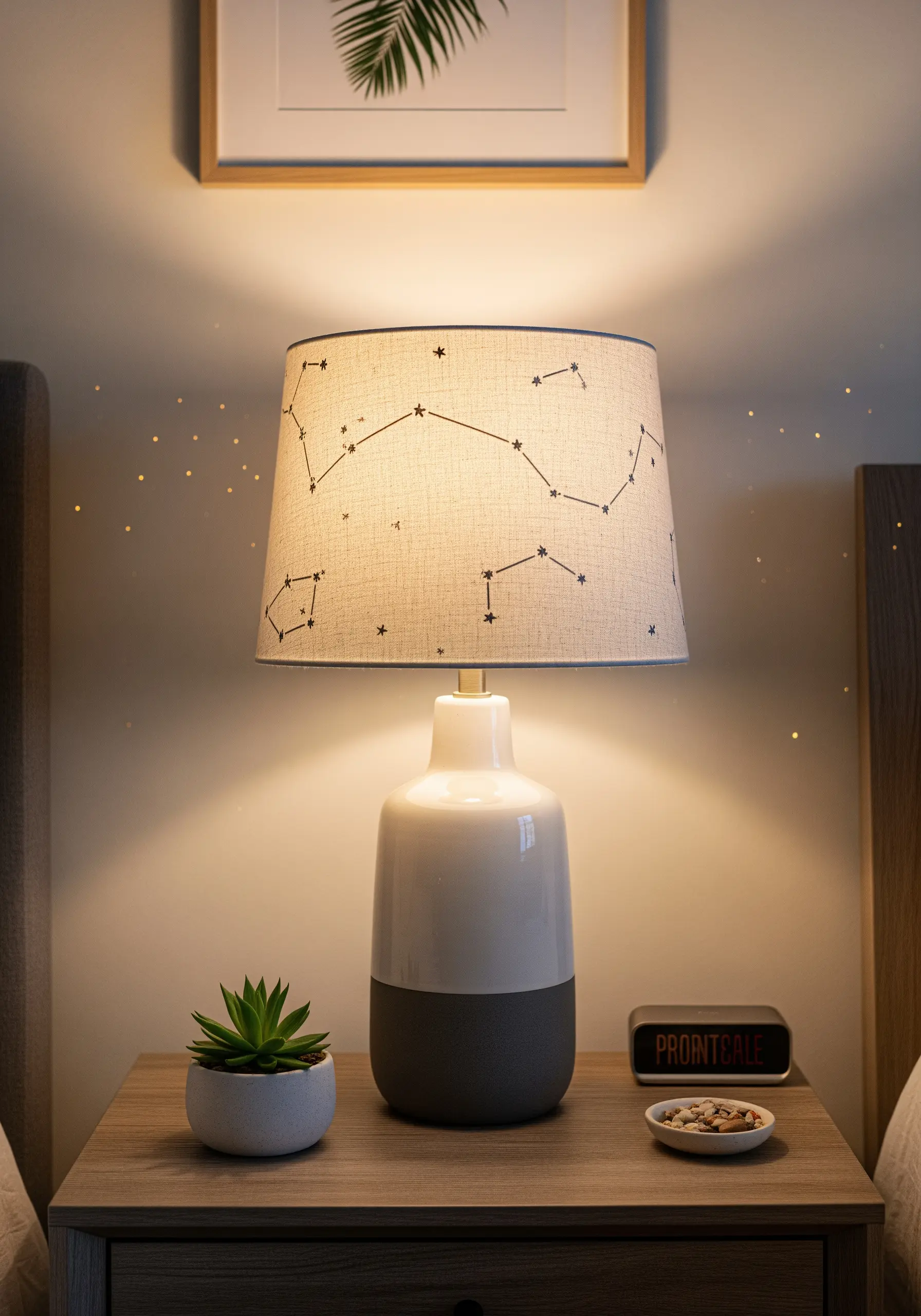 A linen lampshade embroidered with a simple constellation pattern in dark thread.