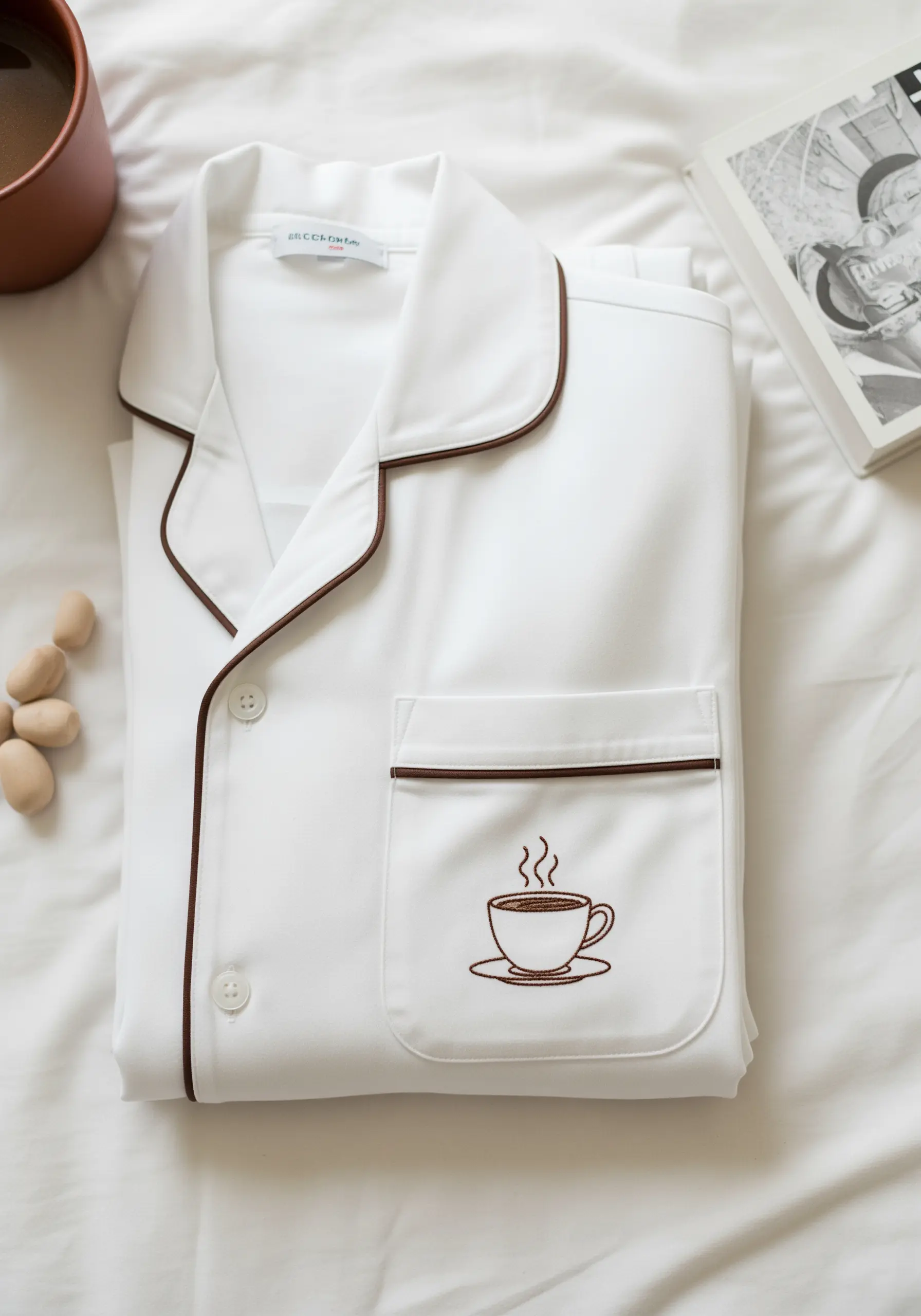 Line-art coffee cup embroidered on the pocket of a white pajama shirt.
