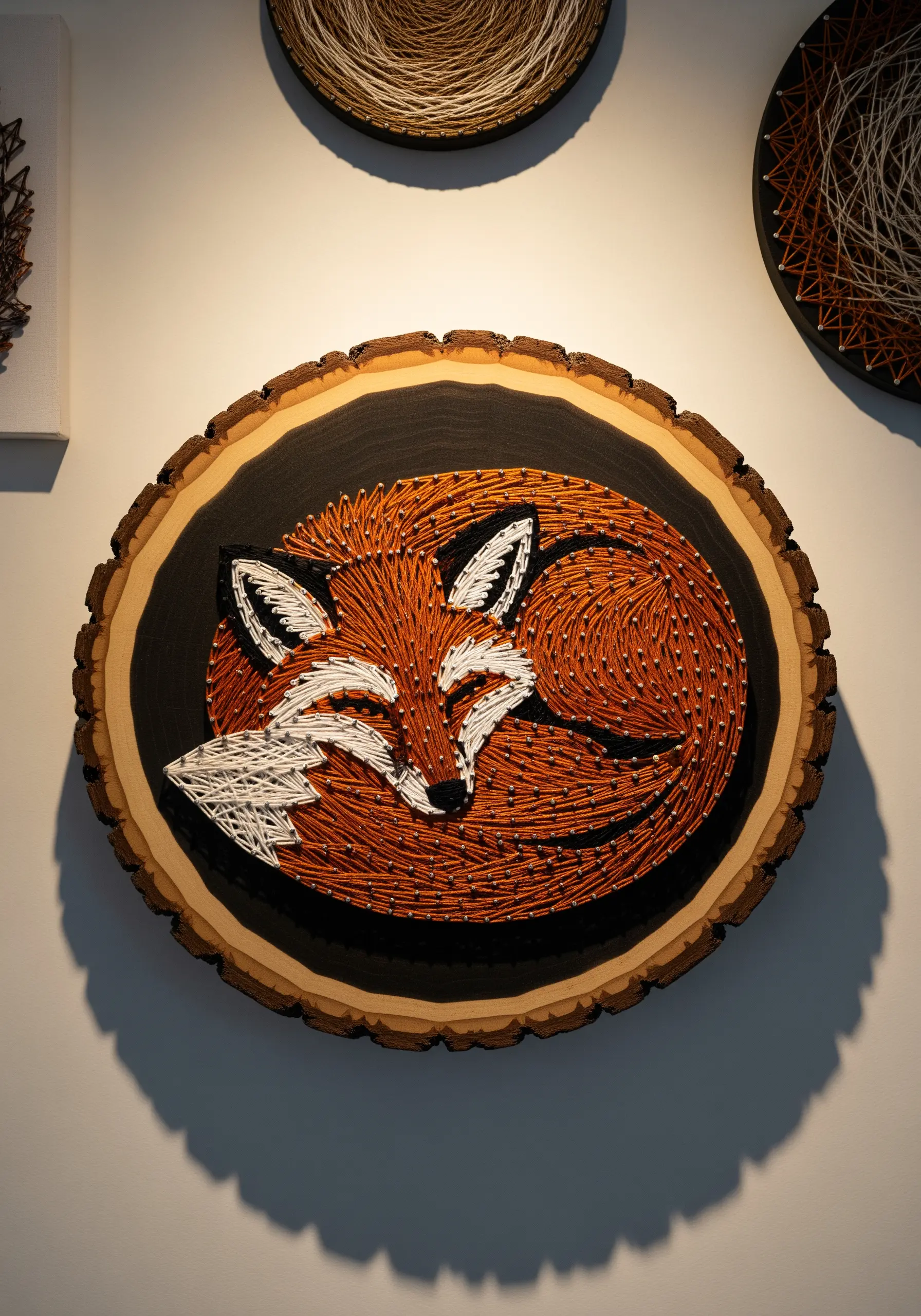 A sleeping fox embroidered with satin stitches that follow the curves of its body.