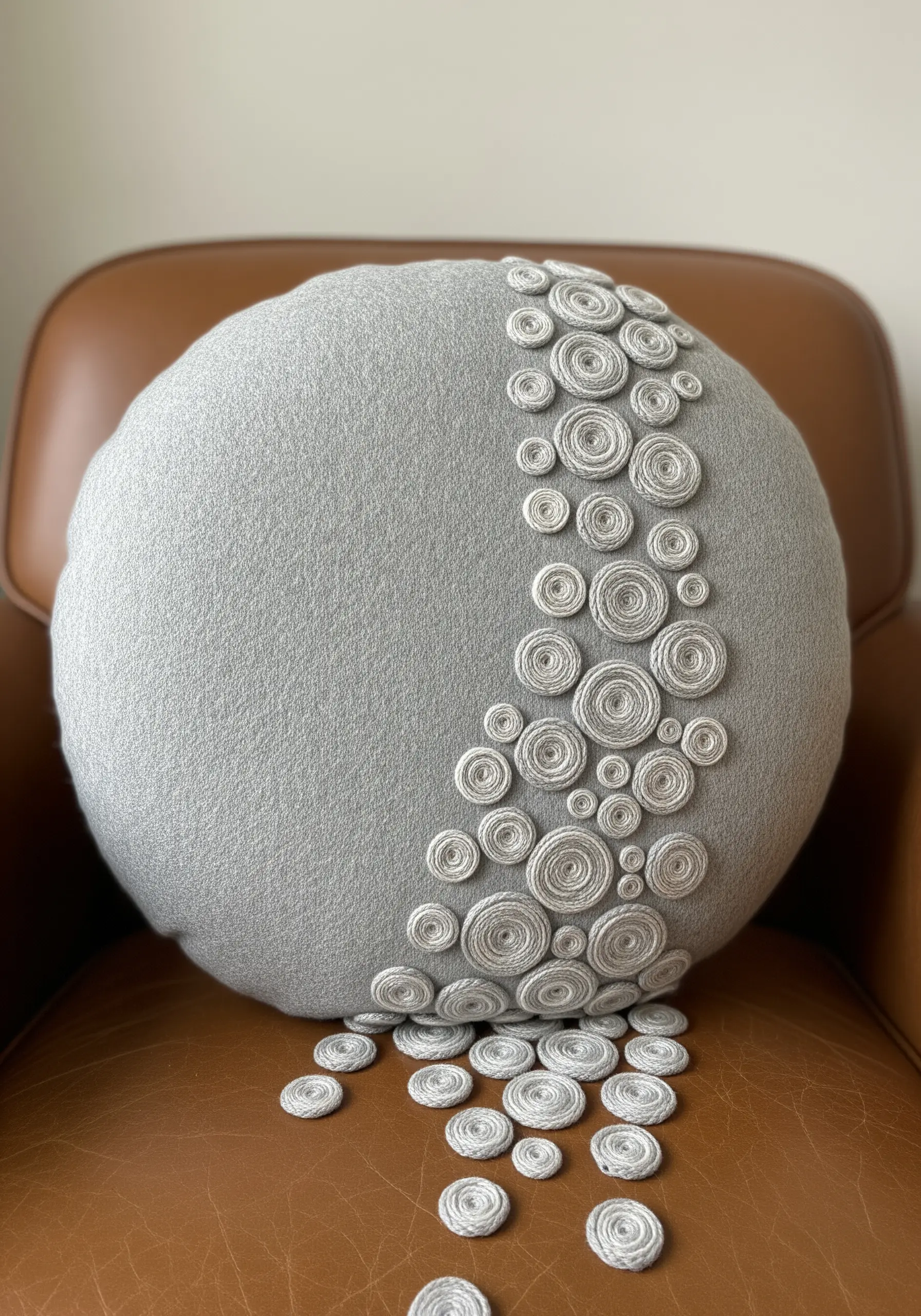 Coiled fabric spirals spill from a round grey pillow onto the chair beneath.
