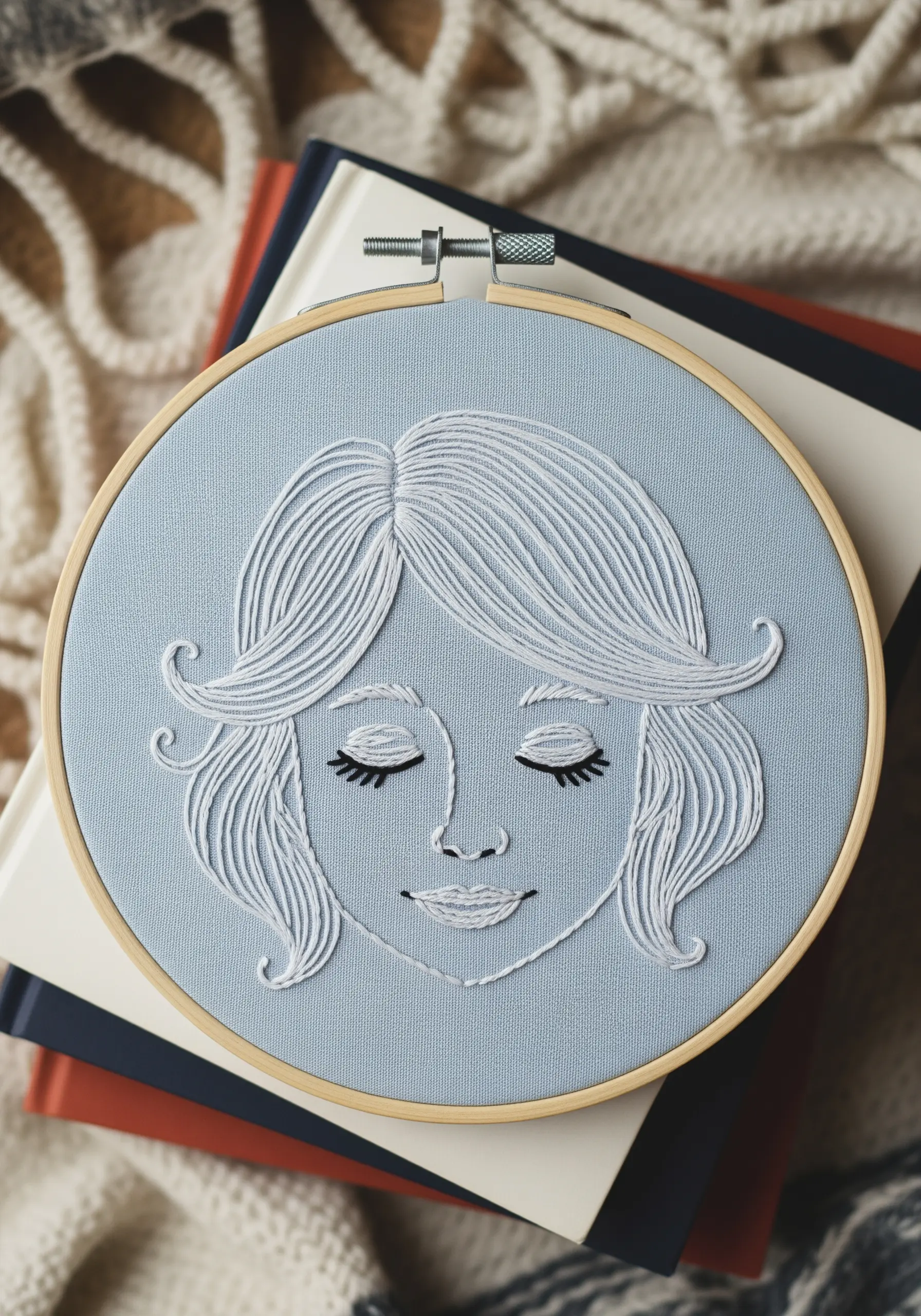 Portrait with flowing white hair created with directional split stitches on blue fabric.