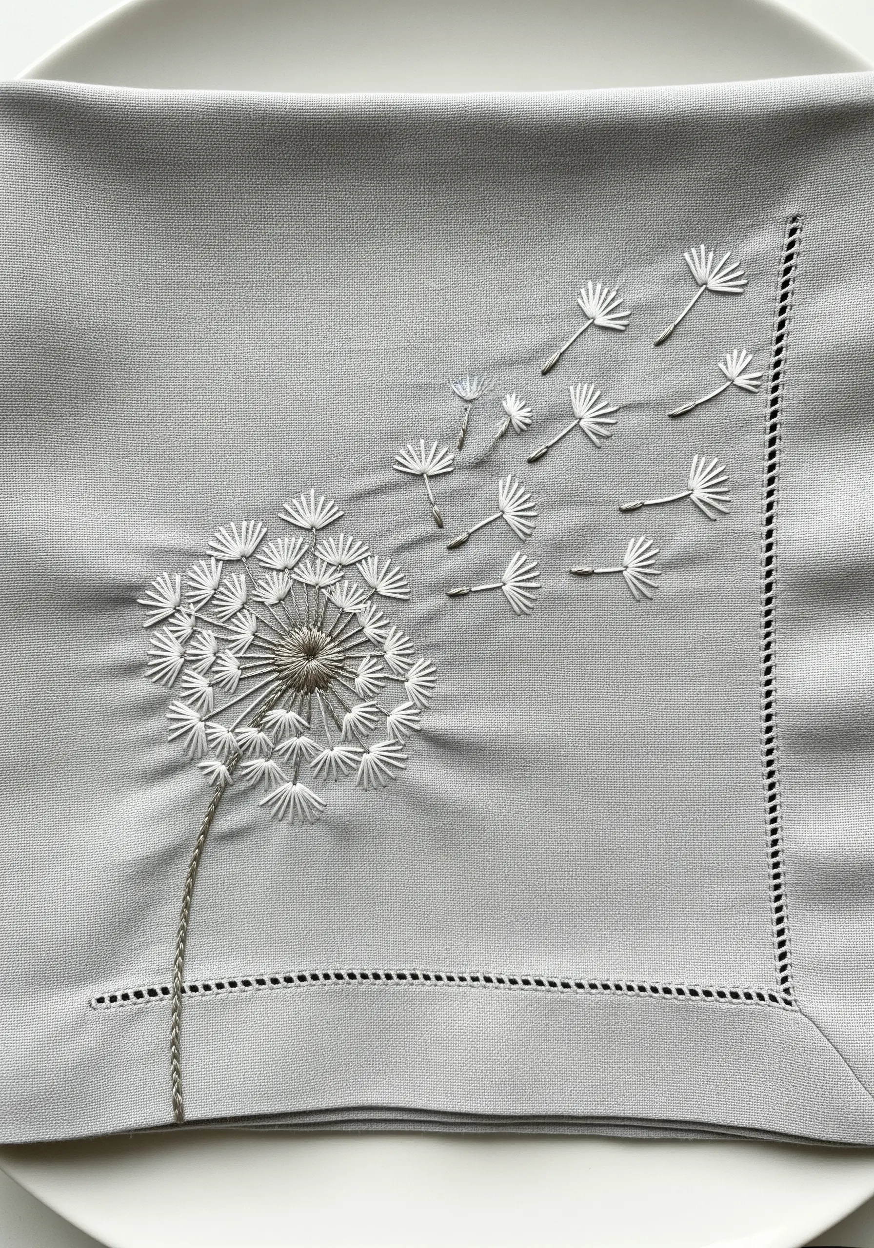 A stylized dandelion with seeds blowing in the wind, embroidered in white on gray linen.