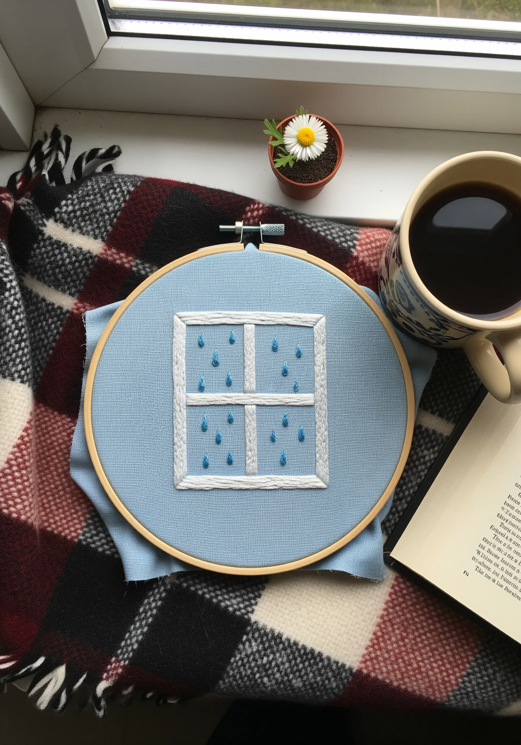 Embroidered windowpane with blue teardrop-shaped stitches representing raindrops.