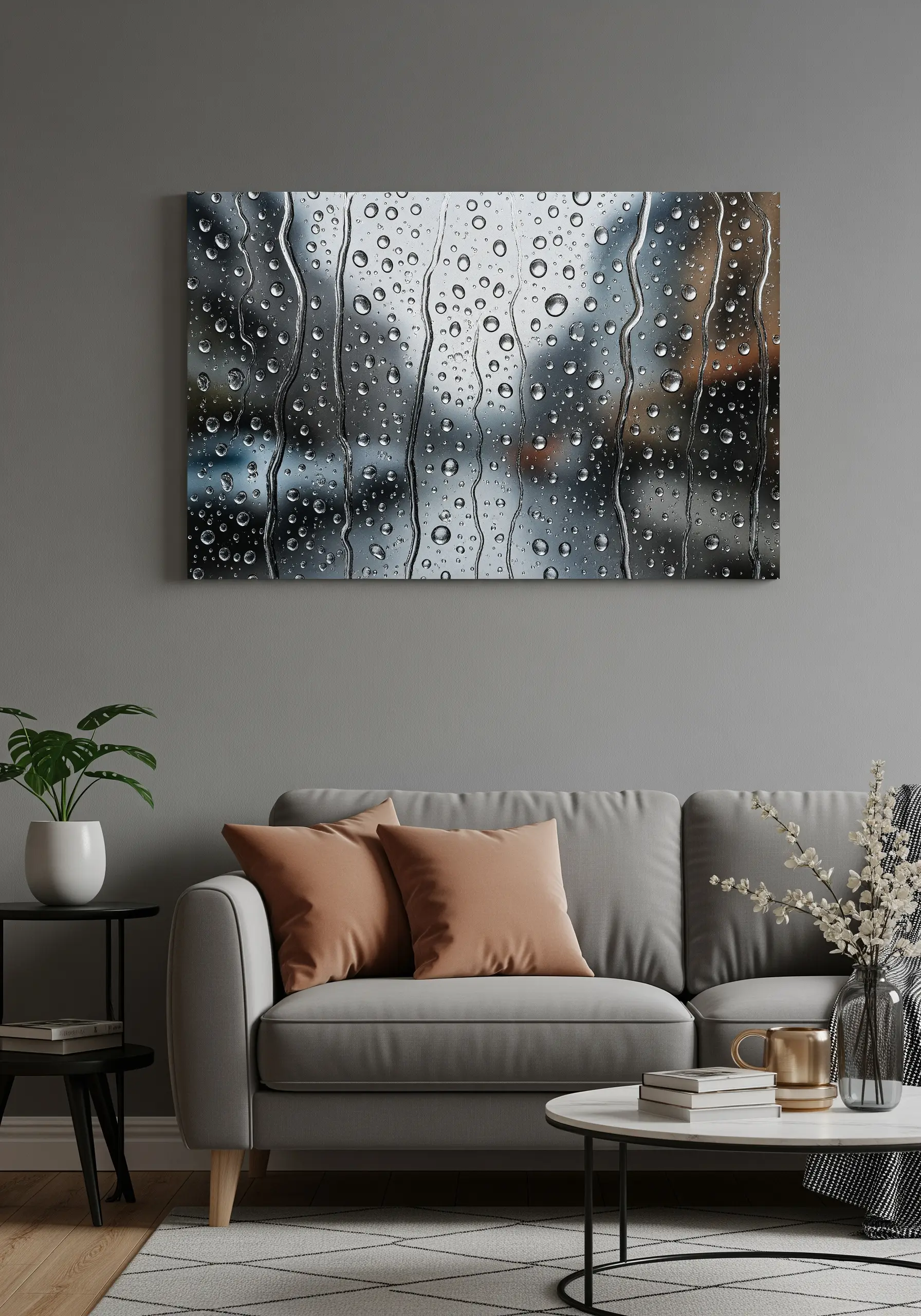 A realistic embroidered artwork of raindrops running down a windowpane