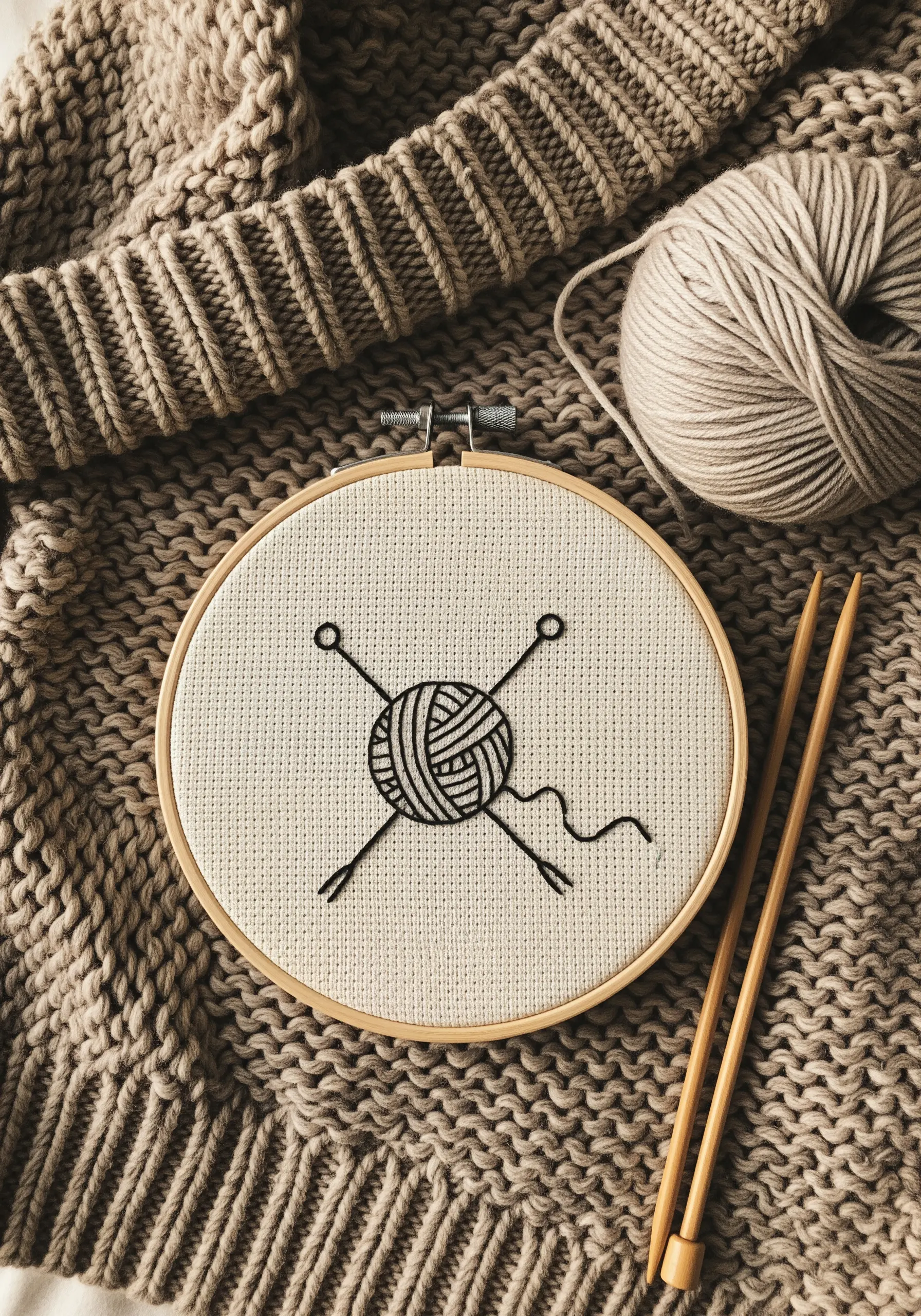 Minimalist embroidery of a ball of yarn with knitting needles on a neutral background.